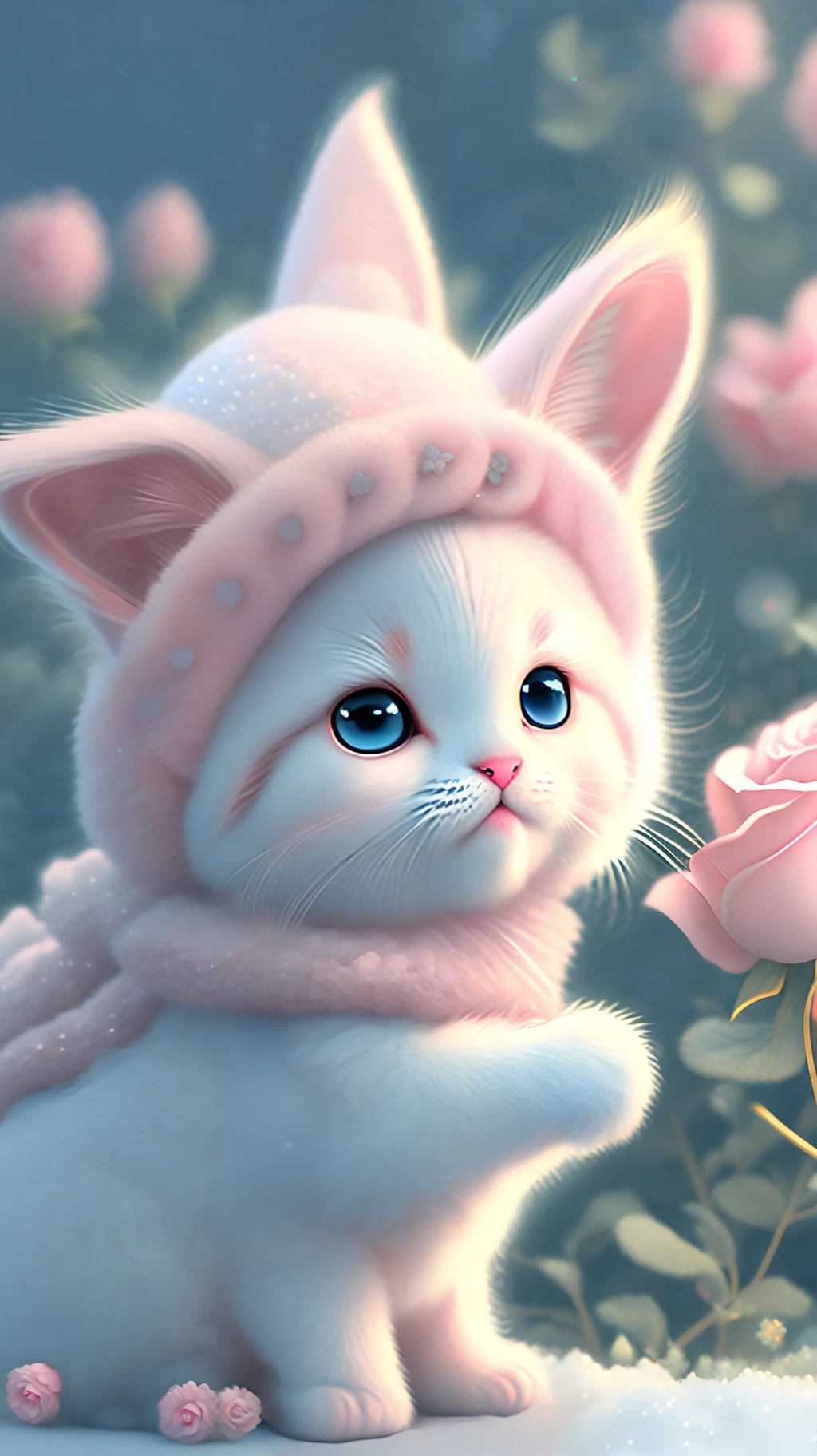 In this ultra-detailed CG art, cute kittens surrounded by ethereal roses, laughter, best quality, high resolution, intricate details, fantasy, cute animals, open mouths, laugh!!
