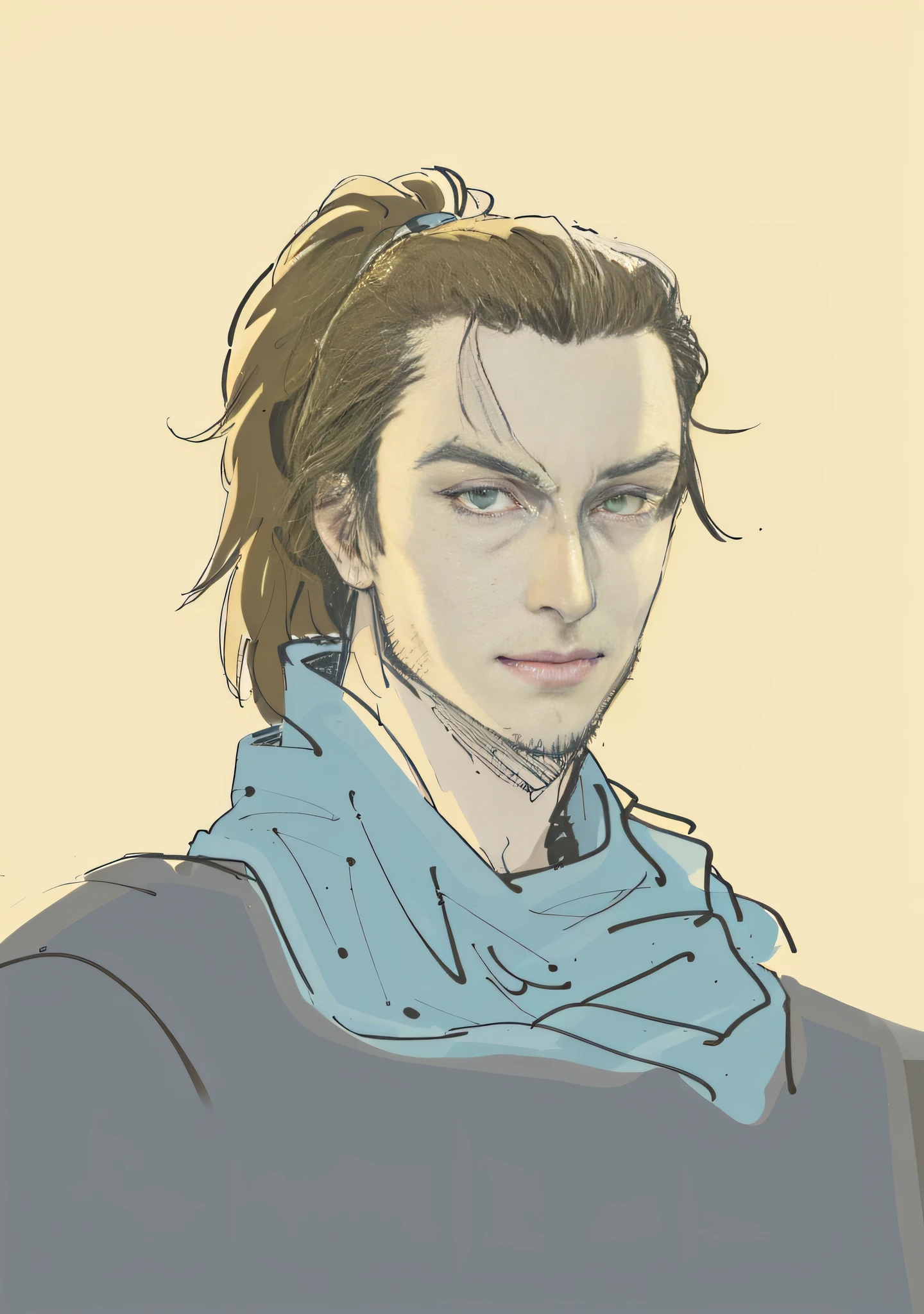 there is a drawing of a man with a scarf on, handsome guy in demon slayer art, caleb from critical role, masamune shiro, roguish smirk, anime portrait of a handsome man, seinen manga portrait, sylas, kentaro miura art style, masamune, kentaro miura manga art style, anime handsome man