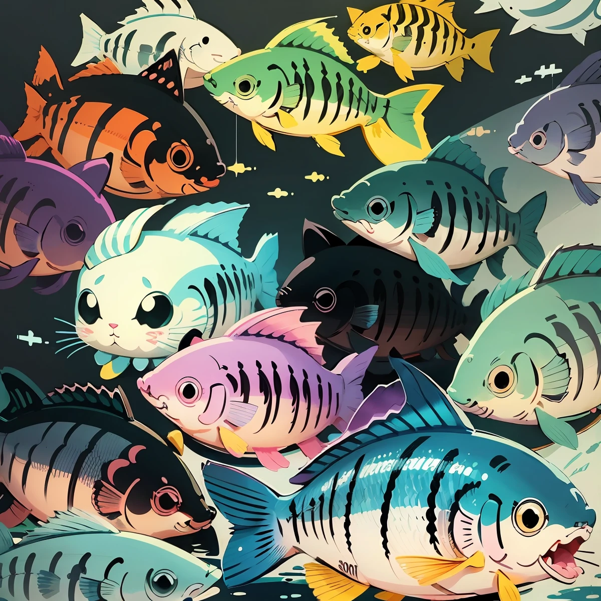 cute cartoon cat cutting fish sticker, anime style, no backgound color --auto --s2