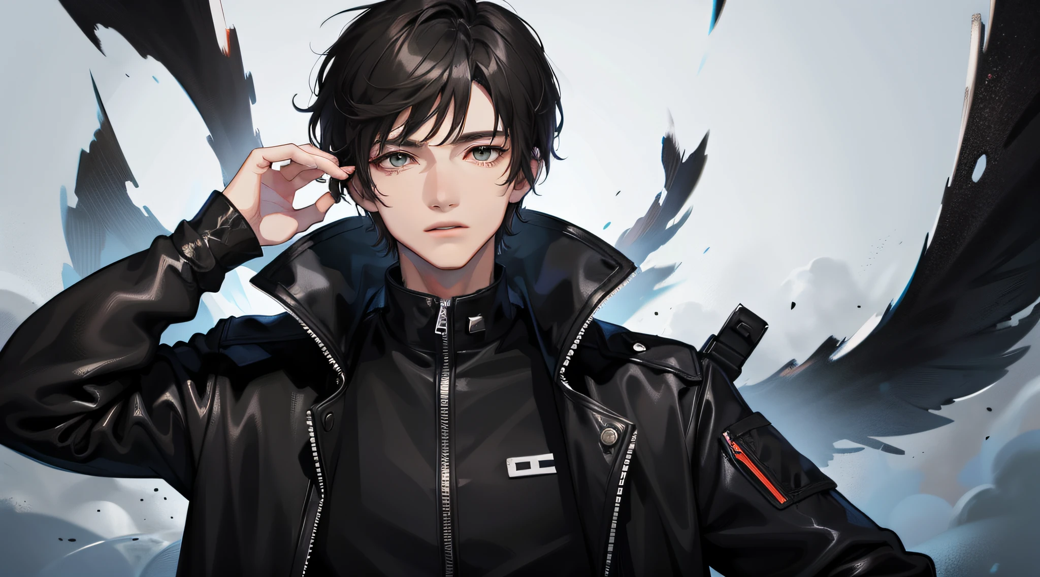 A young man, upper body, front face, short black hair, black storm jacket, looking at his hands