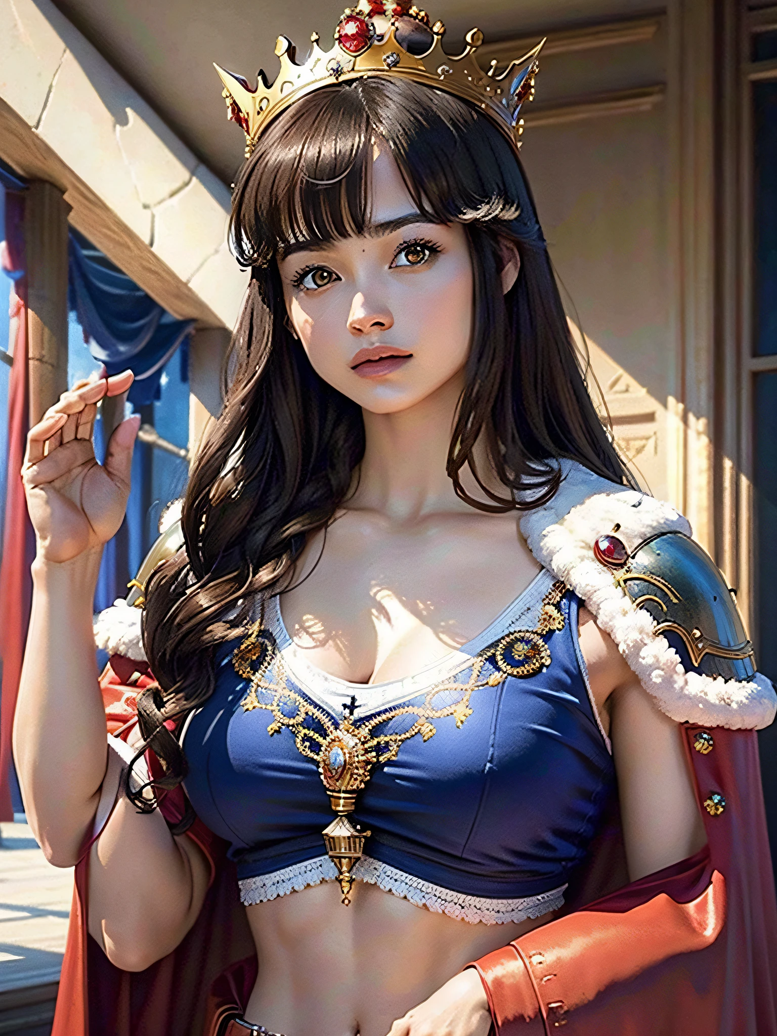 (Masterpiece, Top Quality, Top Quality, Official Art, Beautiful and Aesthetic: 1.2), Ultra-Detailed Complex 3D Rendering of Face, ((Huge Breasts: 3.4)), (Exposure: 1.1), Blue Crop Top: 1.12, Perfect Figure: 1.4, Slim Abs: 1.1, (1 Girl), (Red Armor of the Queen of Warriors, Fur-lined Cape, Bejeweled Crown: 2.2), Serious, Cleavage, Brown Hair, White skin
