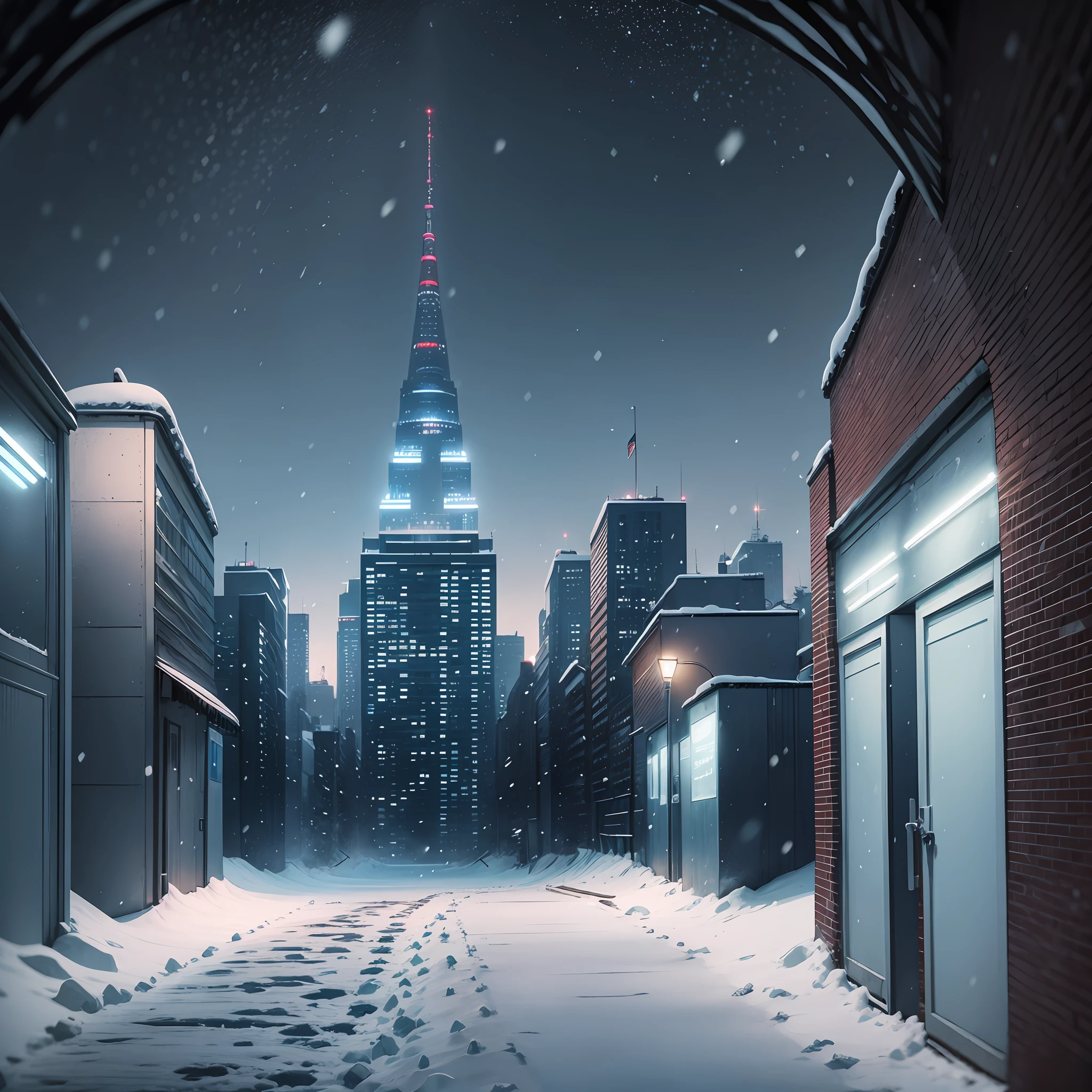 Freezing snowy cityscape seen from a long, dark tunnel --auto --s2
