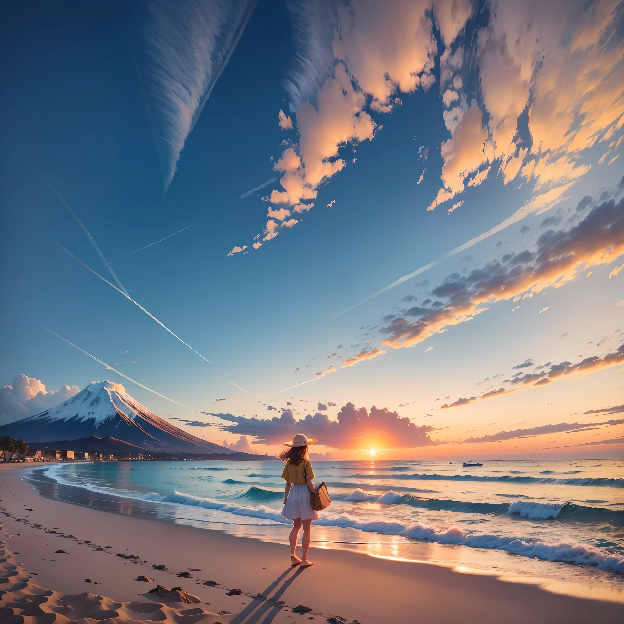 The sunrise blends of oranges, pinks and yellows to fill the sky, and the sunrise on the beach is mesmerizing. The crystal clear waters gently kiss the coast, and the white sand beach stretches out endlessly. It's a dynamic and breathtaking scene with seagulls soaring high into the sky and palm trees gently swaying. Mt. Fuji can be seen hazy in the distance. A small boat is floating. Magnificent sunrise landscape. Young woman standing on the beach staring. --auto --s2