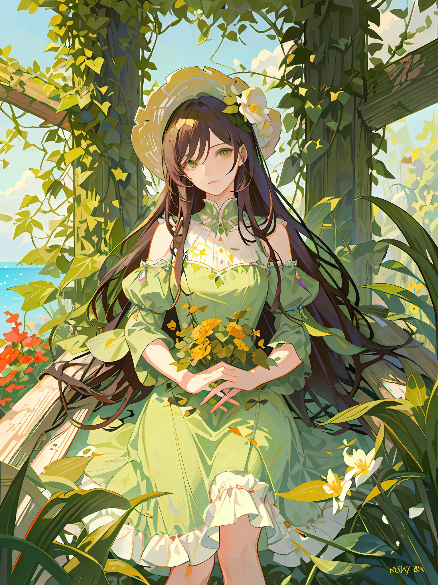 HD4k,masterpiece,best quality),there is a woman with long hair,brown hair,holding a branch of a plant, with ivy,in style of petra collins,  , with  flowers( sombrero color) around her, amidst nature, with flowers