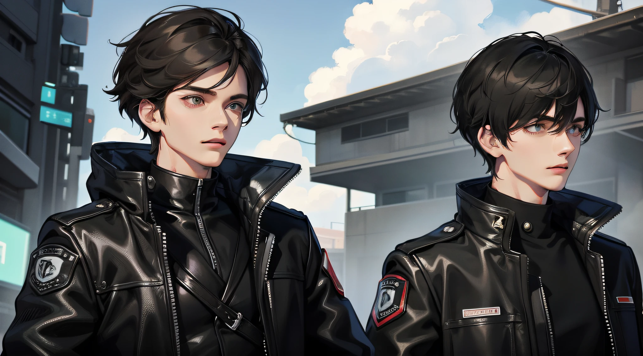 A young man with upper body, front face, short black hair, black storm jacket