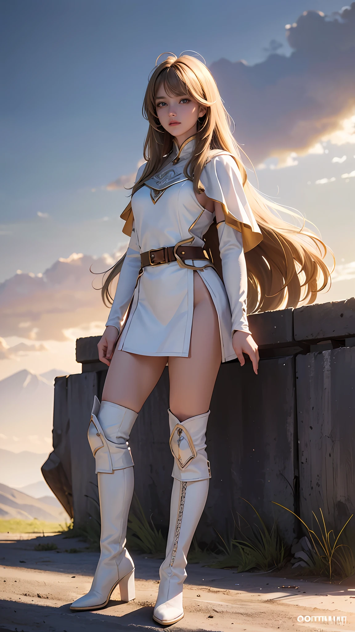Highest quality, meticulous portrayal, masterpiece, masterpiece, HDR, 8k, body light and shadow effect stereoscopic, extreme detail, brilliant light and shadow, (brave), (brave), ((golden hair)), (long hair of shawl), (delicate hair), (slightly messy hair blown by the wind), (bangs), (dull hair), fair and red skin, delicate facial features, resolute eyes, cute face, (cute), violet pupils, hand optimization, meticulous hand portrayal, masterpiece, Highest image quality, (white warrior costume), delicate belt, (boots), (booties), (full body portrait), extreme light and shadow, detailed depiction, white and rosy skin