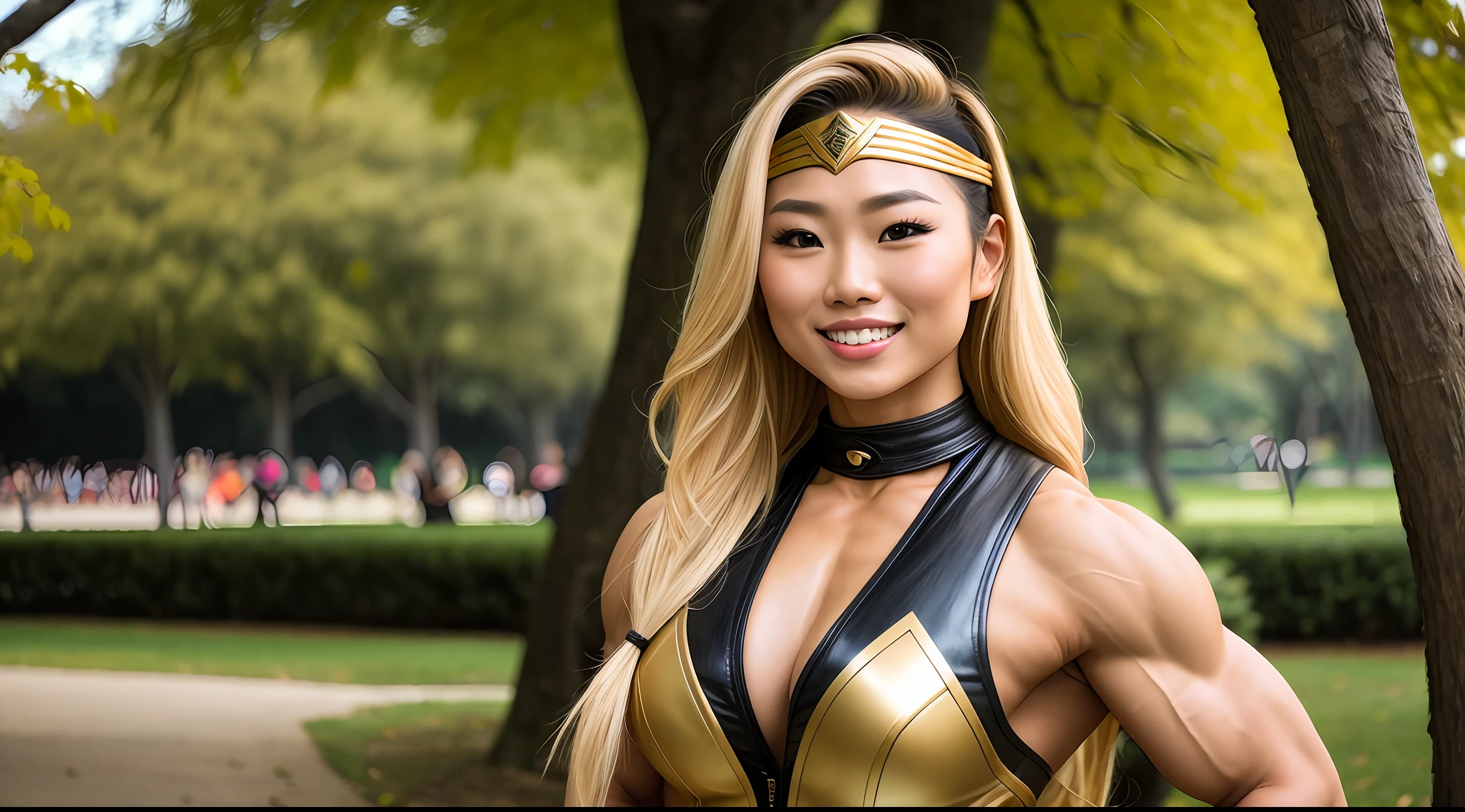 a beautiful young Asian woman with blond hair wearing leather like Tarzan with headband like wonder woman, in the park, bodybuilder physique, smiling, close up