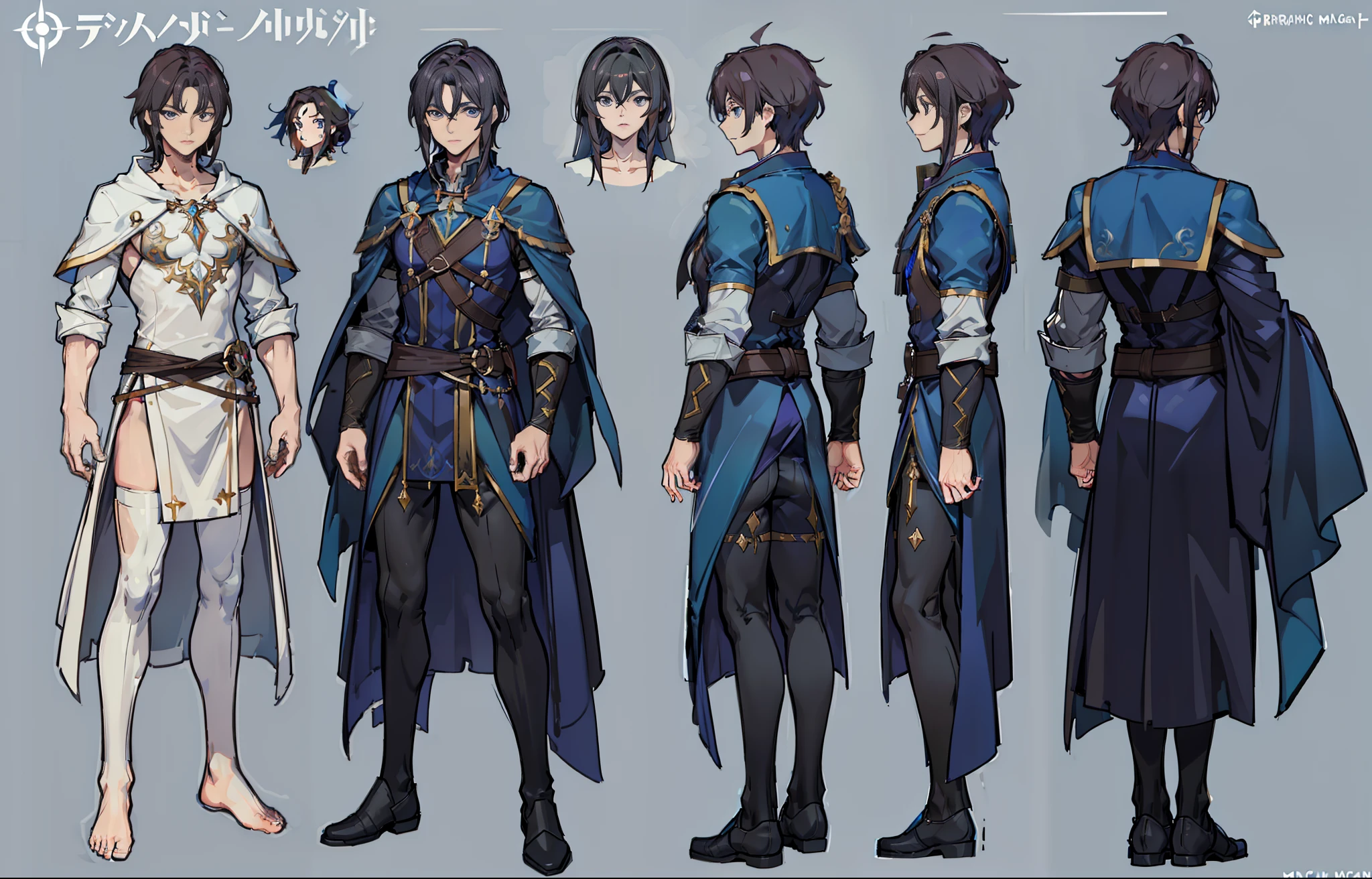 1man, reference sheet, (fantasy character design, front, back, side) manly, mage, magic user, broad shoulders, tall, lean athletic build. magical blue eyes, lengthy dark brown hair, neatly kept. flowing runic robes.