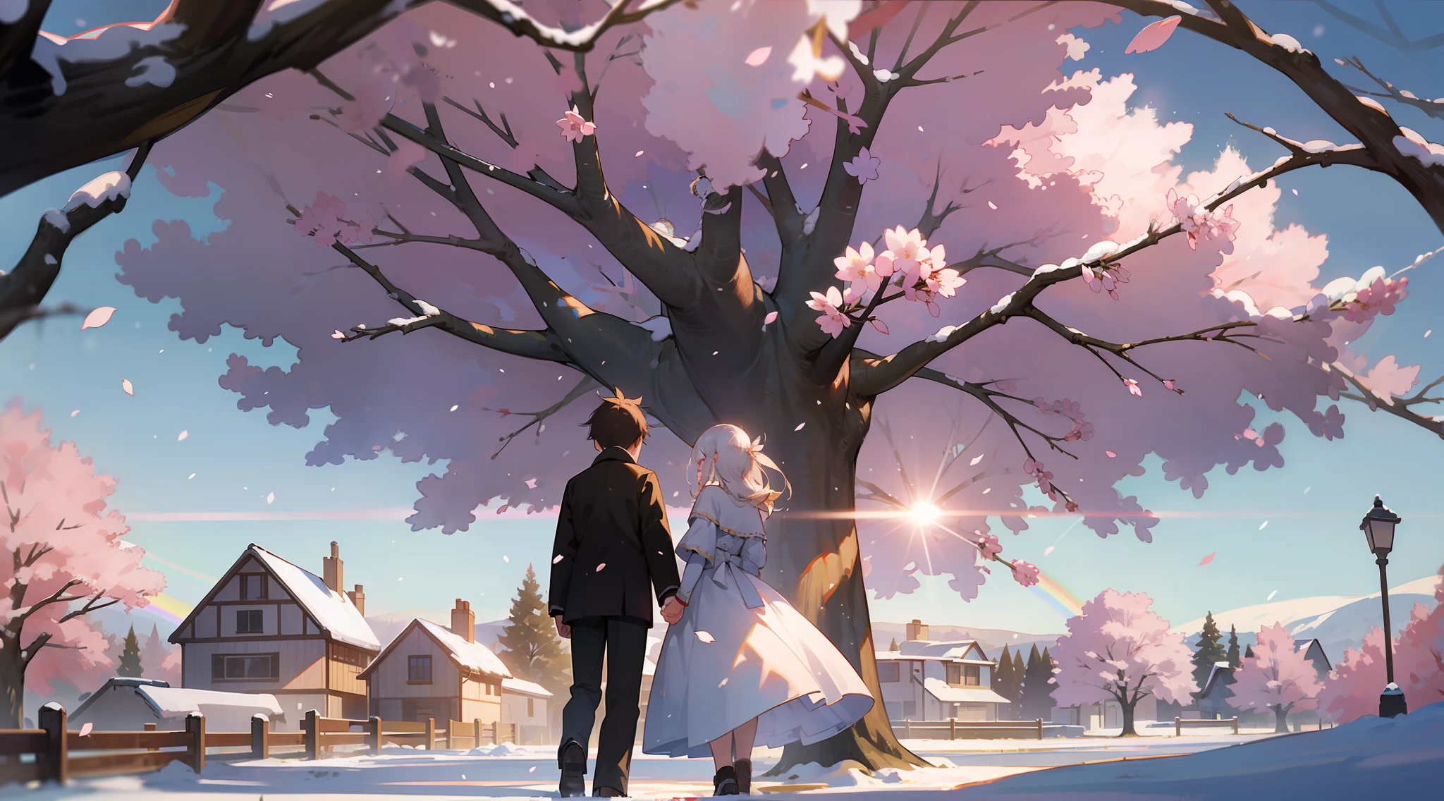 Masterpiece, Best Quality, Back, Shot from Behind, Behind, Behind Perspective, Back Photo, A Boy and a Girl, Hand in Hand, Under a Big Tree, Snow, Snowy Scene, Snowy Sky, Sunlight, Lens Halo, Early Morning Sun, House in the Distance, Rainbow, Multiple Colors, Romance, Cherry Blossom Tree, Cherry Blossom, Petals