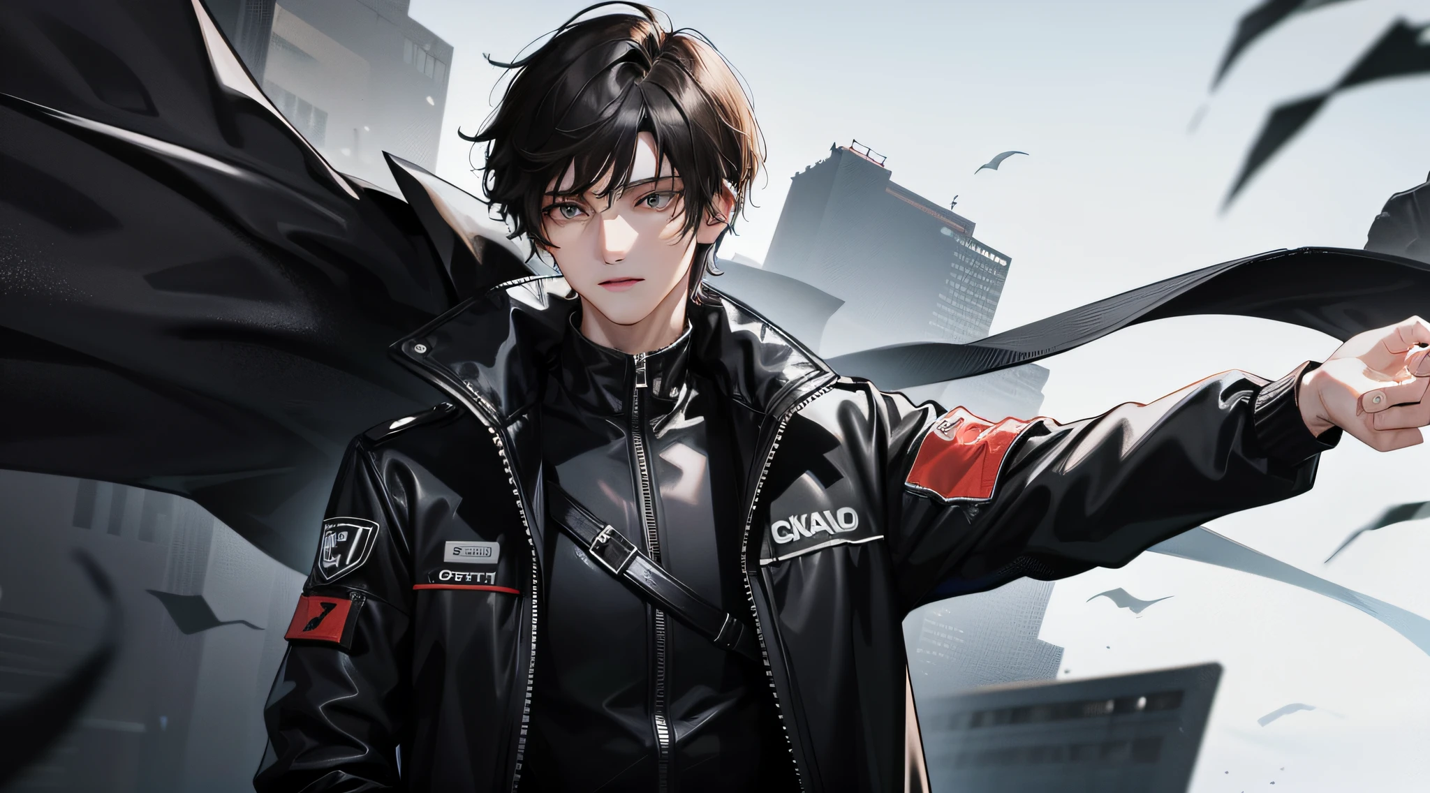 A young man with upper body, front face, short black hair, black storm jacket