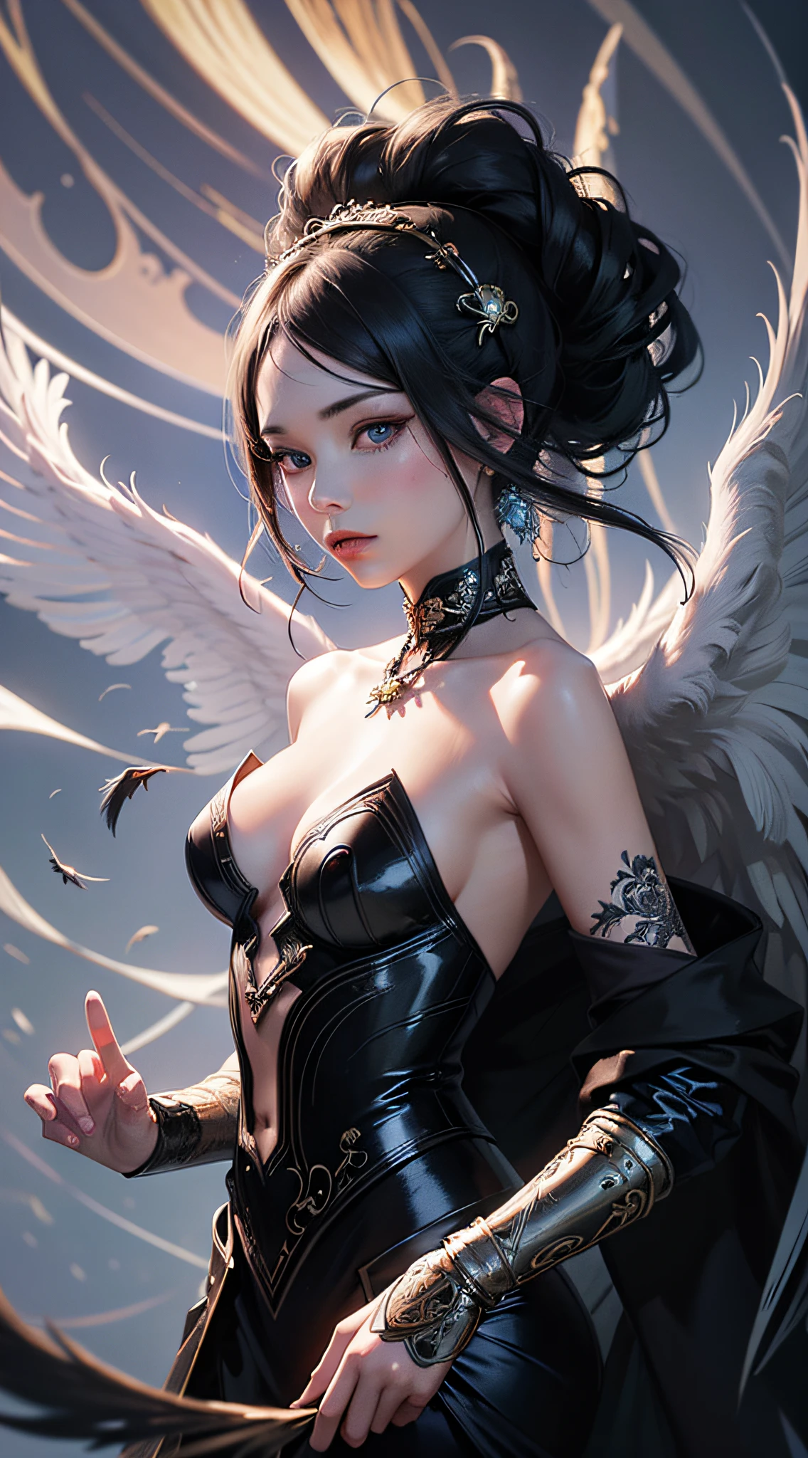Official Art, Unified 8k Wallpapers, Ultra Detailed, Beautiful and Aesthetic, Masterpiece, Best Quality, (Zentangle, Mandala, Tangle, Entangle), (Fractal Art: 1.3), 1girl, Black Angel, (Black Feather Wings: 1.1), Very Detailed, Elevation View, Cowboyshot, Contemptuous Expression, Most Beautiful Forms Chaotic, Elegant, Fauvist Design, Bright Colors, Romanticism, James Jean, Robbie Devi Antono, Ross Tran, Francis Bacon, Michal Mraz, Adrian Gaini, Petra Cortwright, Gerhard Richter, Takashi Yamamoto, Ashley Wood, atmospheric, ecstatic notes, flow notes visible