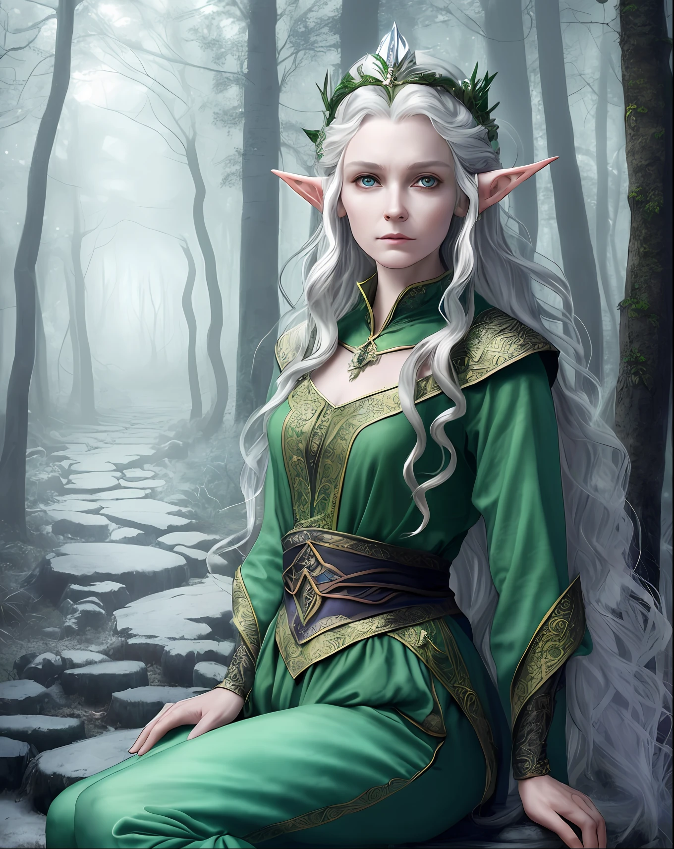 highly detailed fantasy photography, a beautiful old Elf Queen with a mischievous face and wavy hair, pointed ears, wearing (long loose pants) and long sleeve top, barefoot. (in a forest) . well composed, clean elegant beautiful detailed face. art in the style of magical fantasy ,nostalgic lighting ,enchanted art ,mystical ,foggy atmosphere , snow ,snowing ,magical