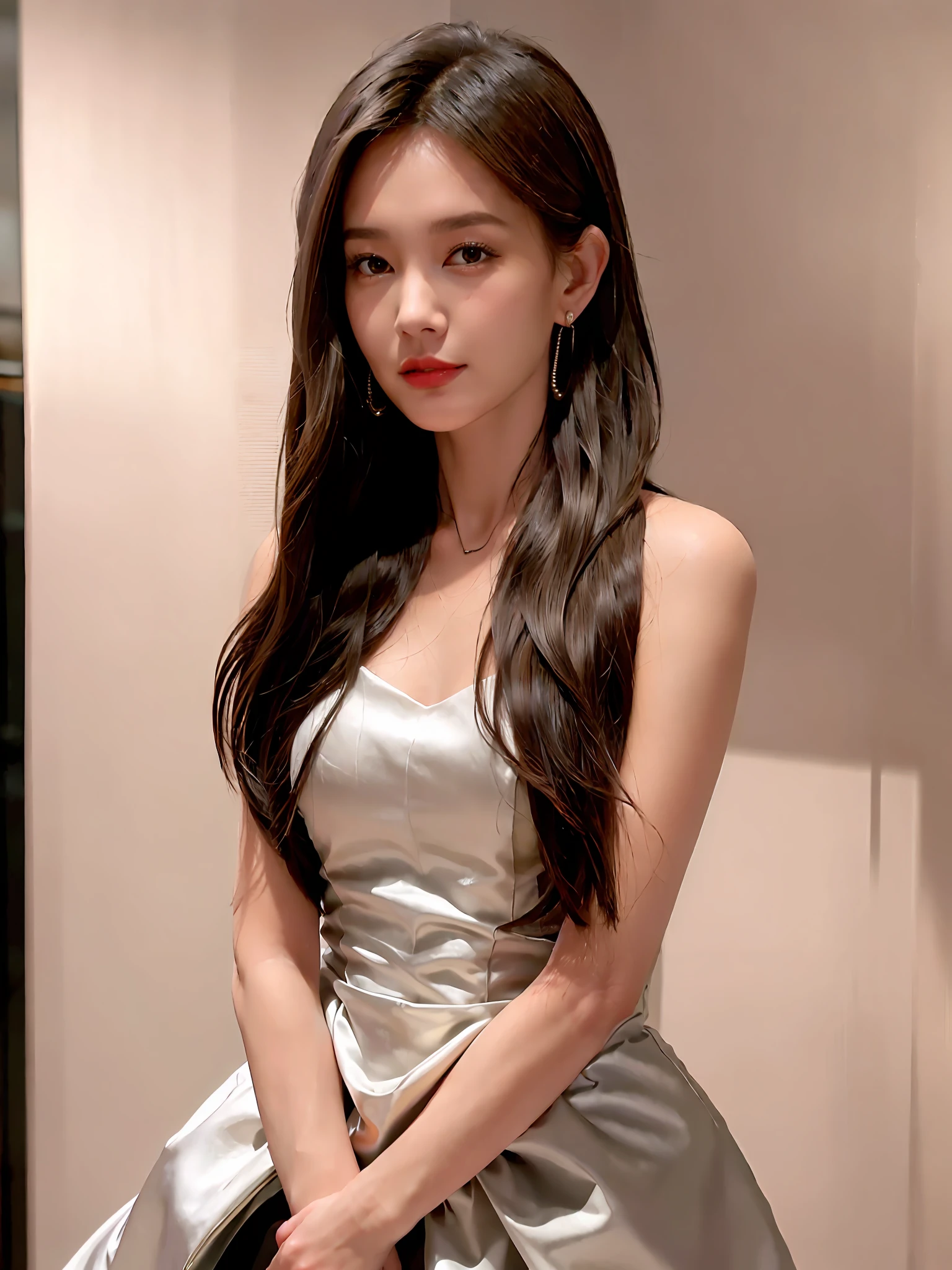 jewelry, solo, earrings, necklace, brunette hair, smile, single bun, (formal:1.6), reality, bun, bracelet, grin, ulzzang-6500v1.1, (original: 1.2), (reality: 1.3) , beautiful girl with beautiful details, extremely detailed eyes and face, eyes with beautiful details, ridiculous, incredibly ridiculous, huge file size, ultra detail, high resolution, super detailed, best quality, masterpiece, Illustrations, super detailed and beautiful, super detailed, CG, unity, 8k wallpaper, amazing, fine detail, masterpiece, top quality, official art, extremely detailed CG Unity 8k wallpaper, cinematic lights, (perfect shiny skin:0.6), slender and smooth lines, (floating), (small breasts:1), earrings, (((do not show your hands)))), ((((full body picture)))