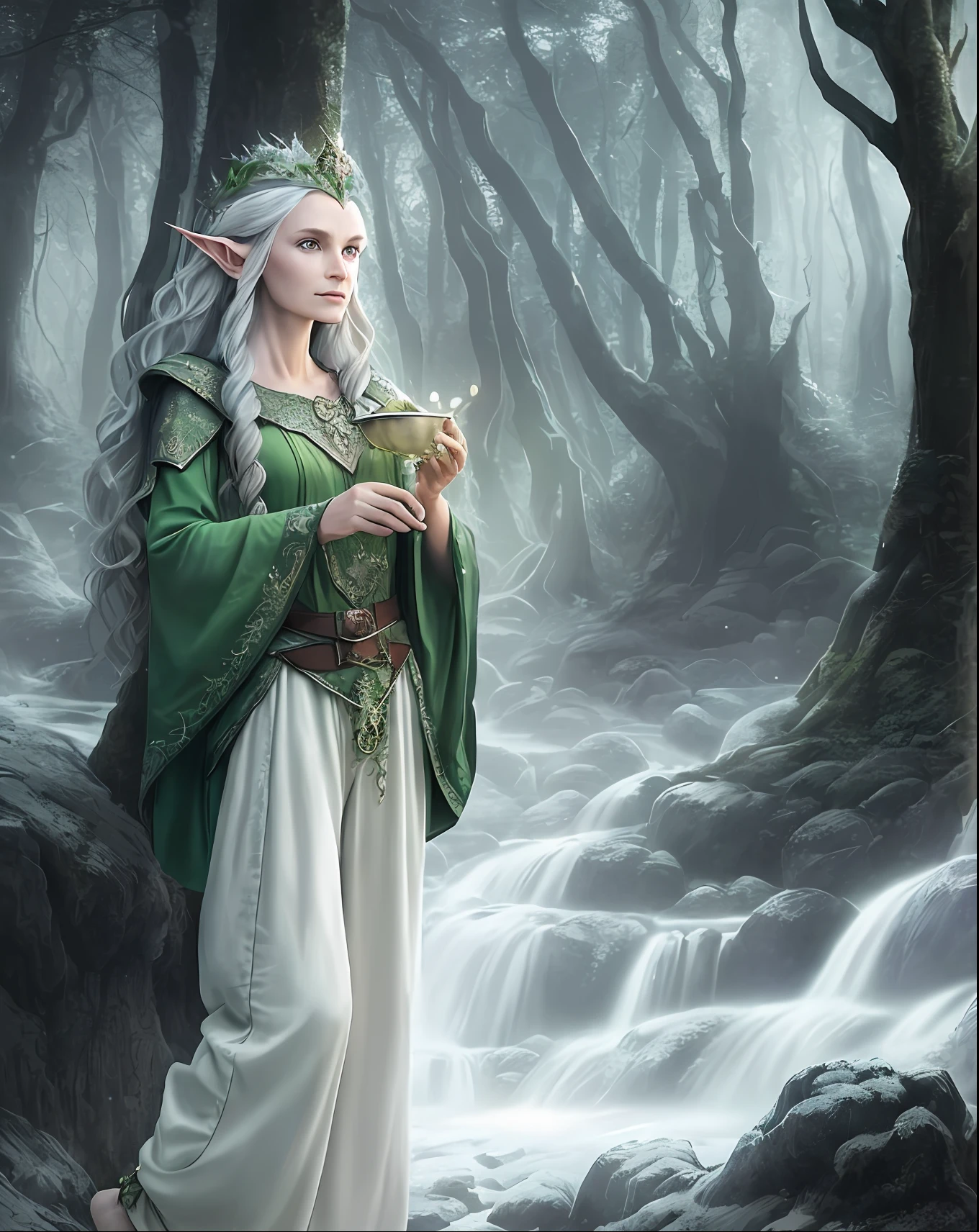 highly detailed fantasy photography, a beautiful old Elf Queen with a mischievous face and wavy hair, pointed ears, wearing (long loose pants) and long sleeve top, barefoot. (in a forest) . well composed, clean elegant beautiful detailed face. art in the style of magical fantasy ,nostalgic lighting ,enchanted art ,mystical ,foggy atmosphere , snow ,snowing ,magical