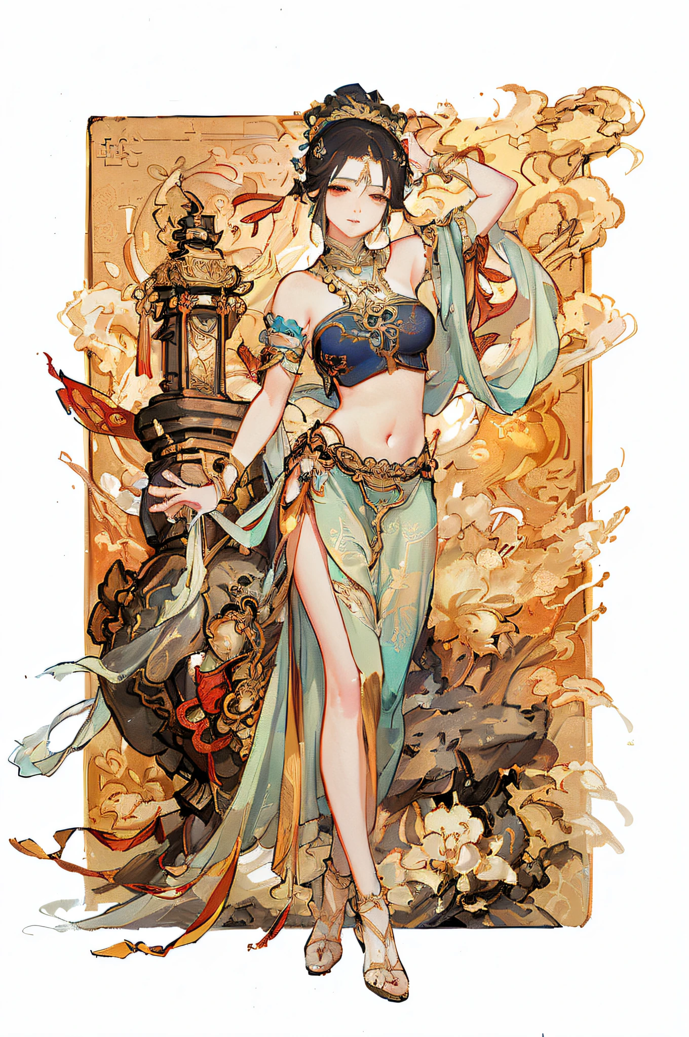 arafed image of a woman in a belly dance costume, alphonse mucha and rossdraws, by Yang J, inspired by Fenghua Zhong, full color illustration, a beautiful fantasy empress, inspired by Lan Ying, by Shen Zhou, a beautiful artwork illustration, by Yan Hui, by Qu Leilei, by Zeng Jing, by Lu Guang