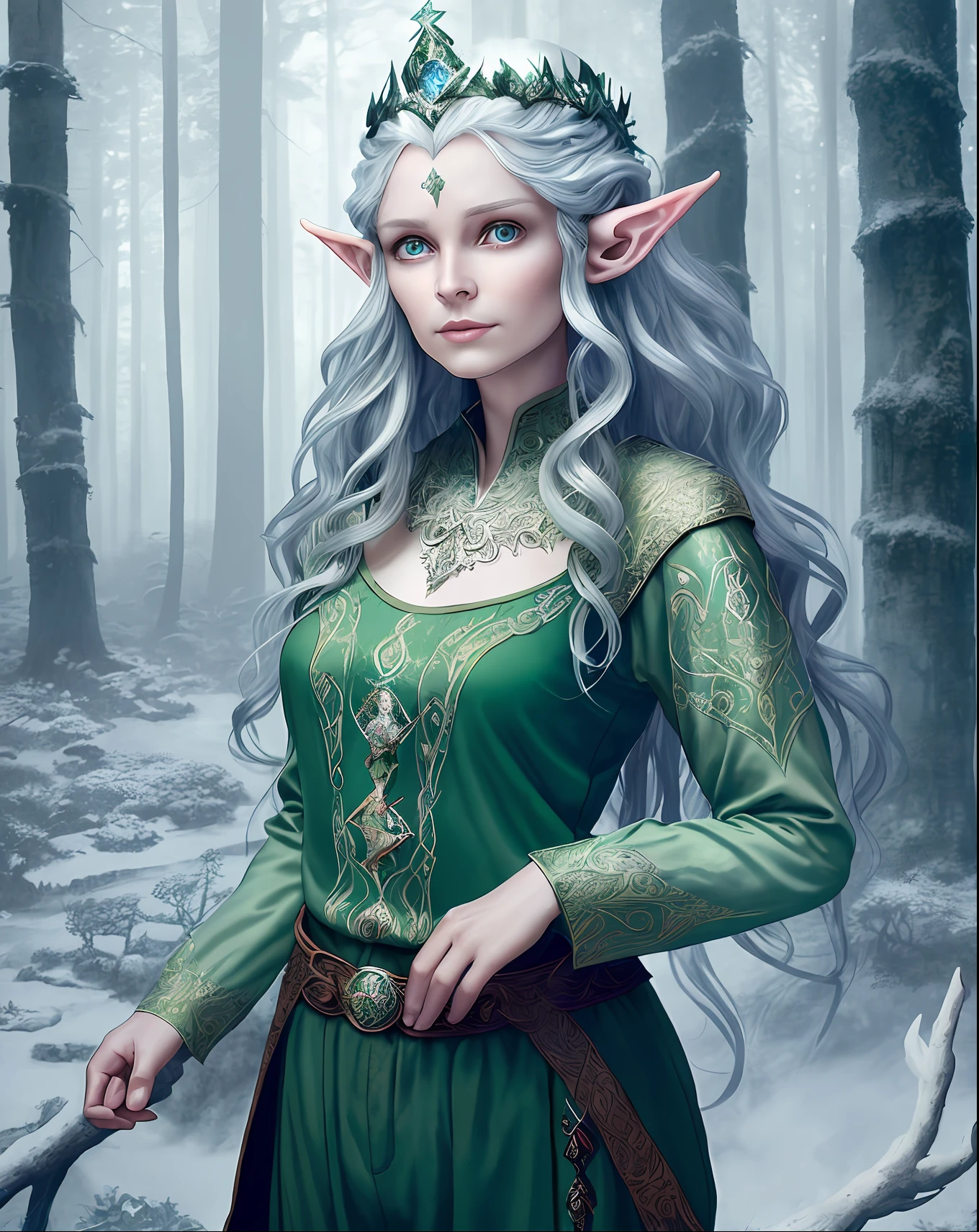 highly detailed fantasy photography, a beautiful old Elf Queen with a mischievous face and wavy hair, pointed ears, wearing (long loose pants) and long sleeve top, barefoot. (in a forest) . well composed, clean elegant beautiful detailed face. art in the style of magical fantasy ,nostalgic lighting ,enchanted art ,mystical ,foggy atmosphere , snow ,snowing ,magical