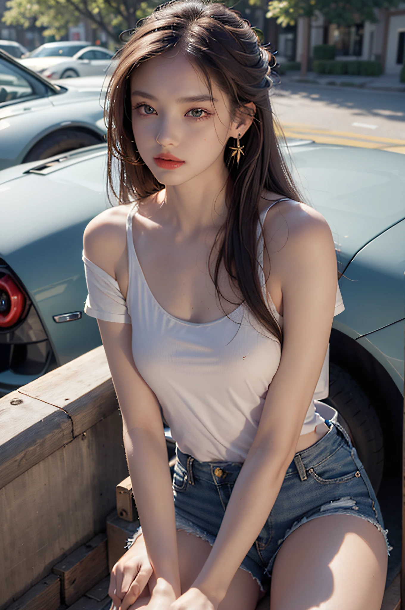 Best quality, masterpiece, super high resolution, (realistic: 1.4), original photo, (evening street), 1 girl, black eyes, looking at the audience, long hair, light makeup, lips, small ears, white t-shirt, denim shorts, earrings, sitting Ferrari, big breasts, slim