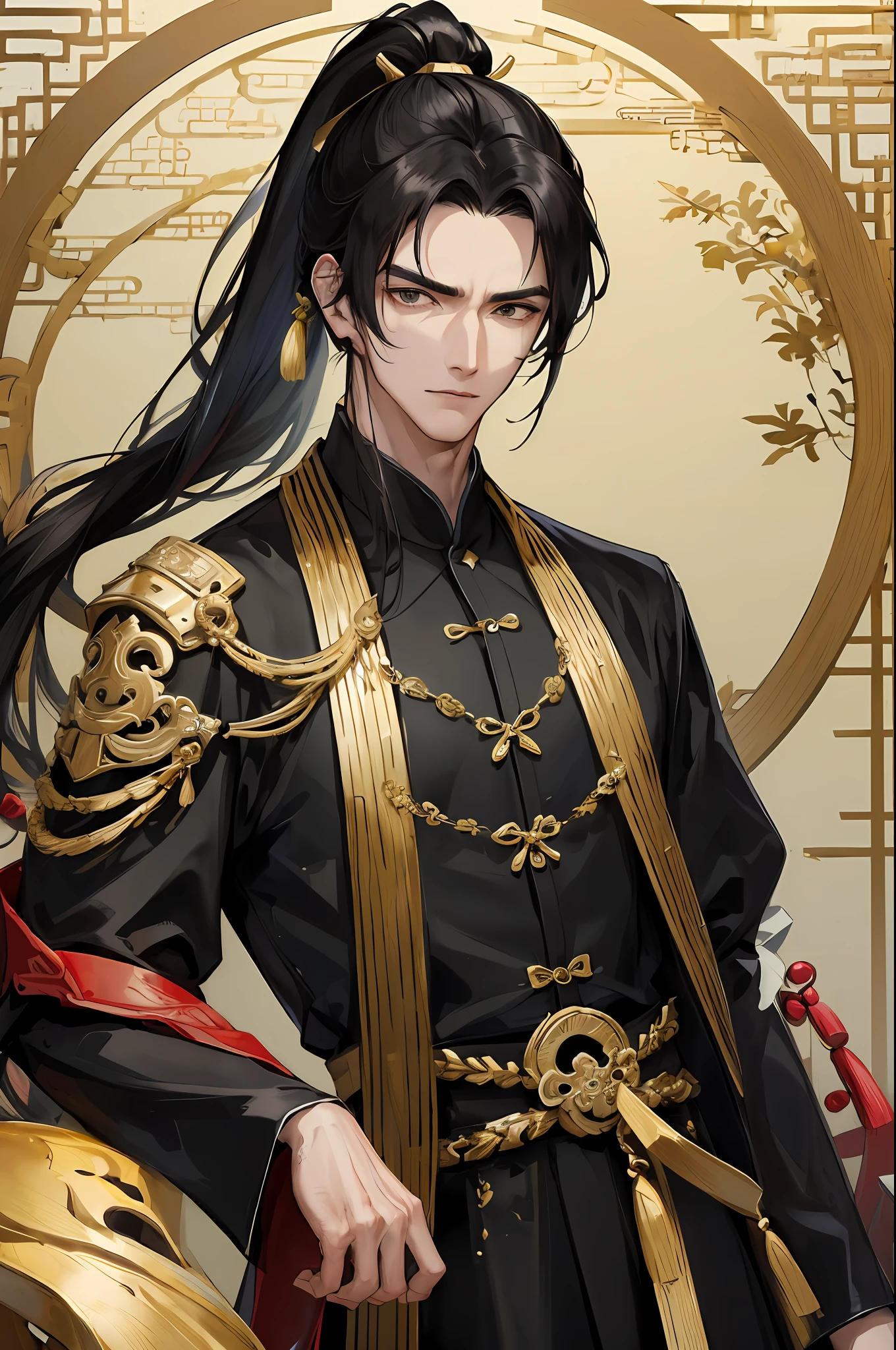 Masterpiece, Excellent, Daytime, 1 person, mature man, Chinese style, ancient Chinese, Chinese court, black hair, black eyes, split endacies, long hair, long bangs, high ponytail, handsome, handsome, masculine, serious and gentle, black and gold mixed, outdoors
