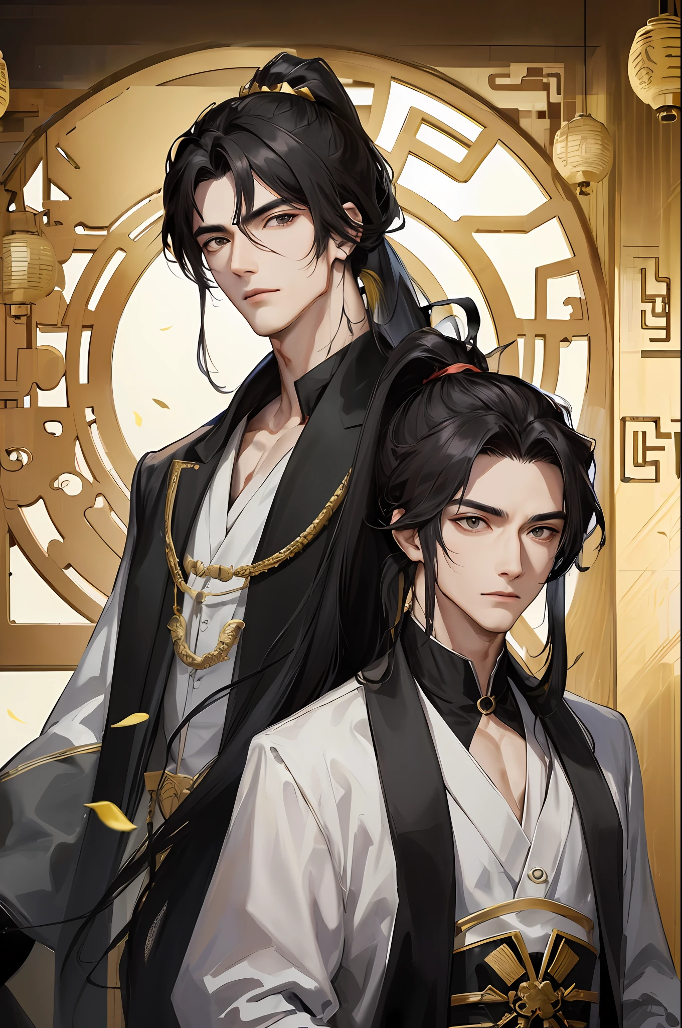 Masterpiece, Excellent, Daytime, 1 person, mature man, Chinese style, ancient Chinese, Chinese court, black hair, black eyes, split endacies, long hair, long bangs, high ponytail, handsome, handsome, masculine, serious and gentle, black and gold mixed, outdoors