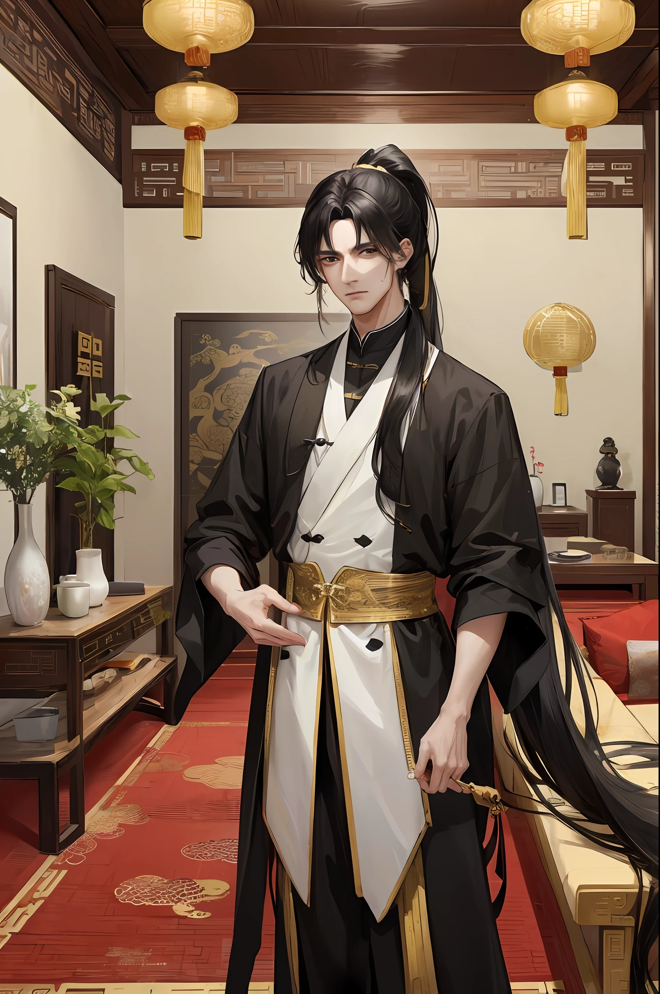 Masterpiece, Excellent, Daytime, 1 person, mature man, Chinese style, ancient Chinese, Chinese court, black hair, black eyes, split ends, long hair, long bangs, high ponytail, handsome, handsome, masculine, serious and gentle, black and gold mixed, living room