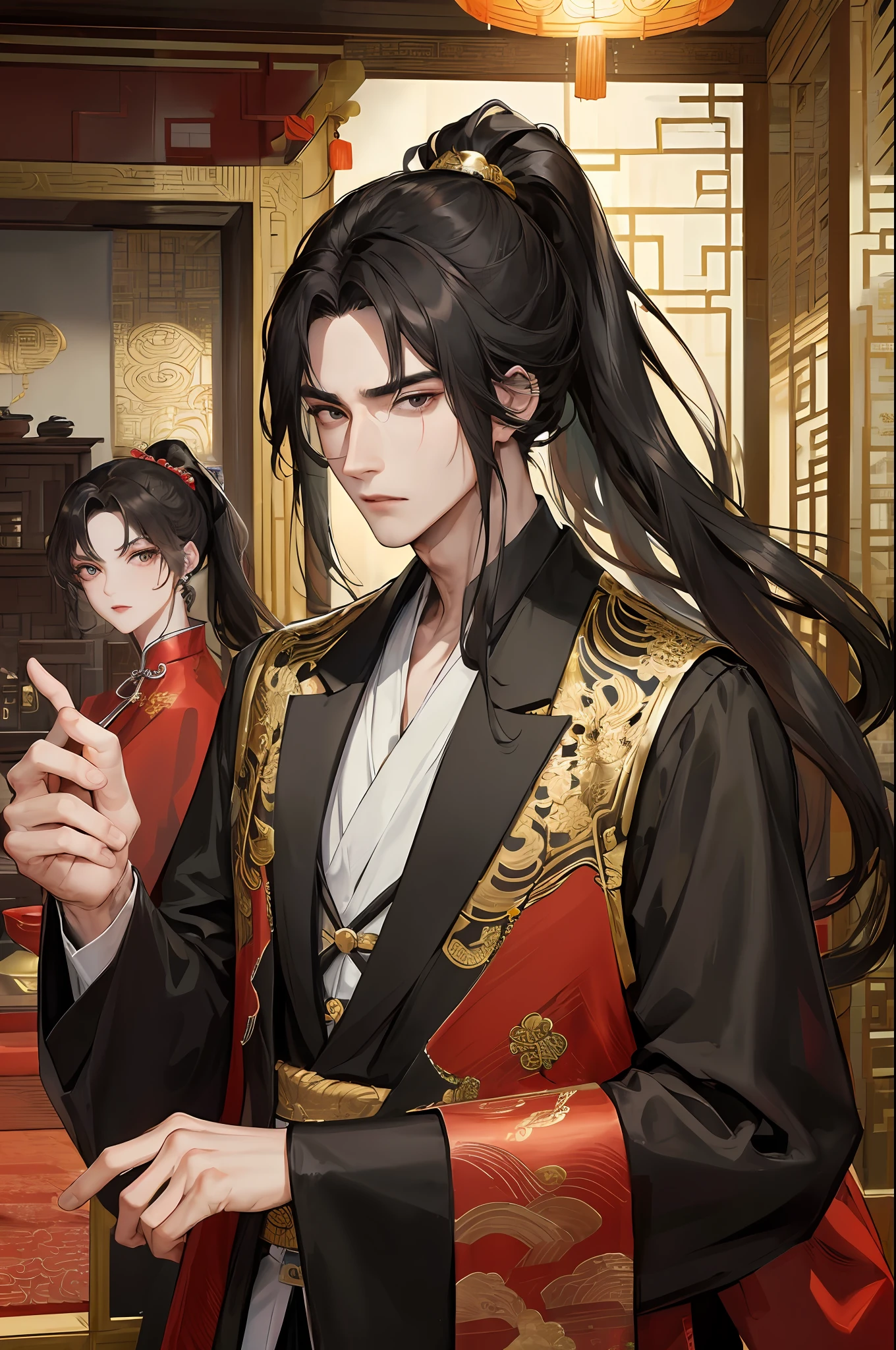 Masterpiece, Excellent, Daytime, 1 person, mature man, Chinese style, ancient Chinese, Chinese court, black hair, black eyes, split ends, long hair, long bangs, high ponytail, handsome, handsome, masculine, serious and gentle, black and gold mixed, living room
