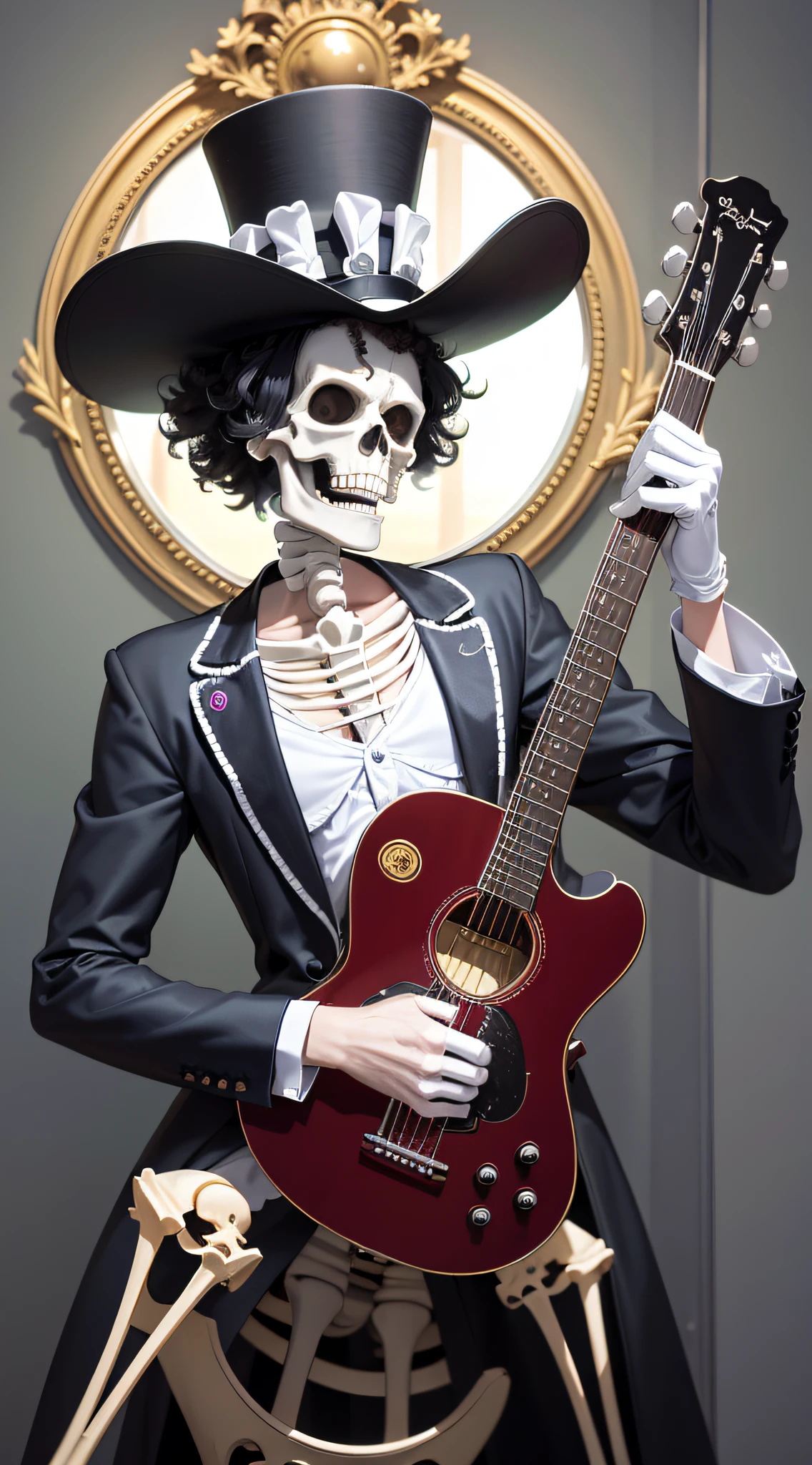 masterpiece, best quality,8k,highestres, absurdres, extremely detailed, brook\(one piece\), afro hair, solo, looking at viewer, an extremely tall skeleton dressed in formal attire complete with top hat and guitar, ((skeleton hands and body)),///,