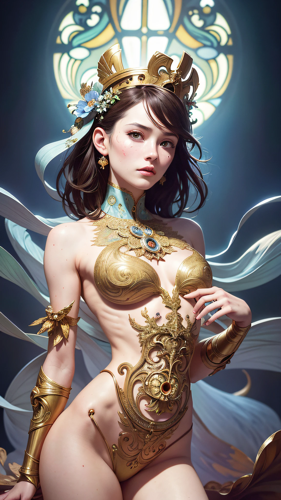 Portraits of the most beautiful chaotic forms, elegance, Fauvist design, bright colors, romanticism, by James Jean, Roby Dwi Antono, Ross Tran, Francis Bacon, Michal Mraz, Adrian Ghenie, Petra Cortright, Gerhard Richter, Takato, Yamamoto, Ashley Wood, Atmosphere, Trends on ArtStation. 8K masterpiece. (Alphonse Mucha Style:1.2), 3D Render, CGI, Symetrical, Octane Render, 35mm, Bokeh, 9:16, (Intricate Details:1.12), HDR, (Intricate Details, Hyperdetailed:1.15), (Natural Skin Texture, Hyperrealism, Soft Light, Sharp:1.5), rimlight, low, glowing, crystal crown, thigh