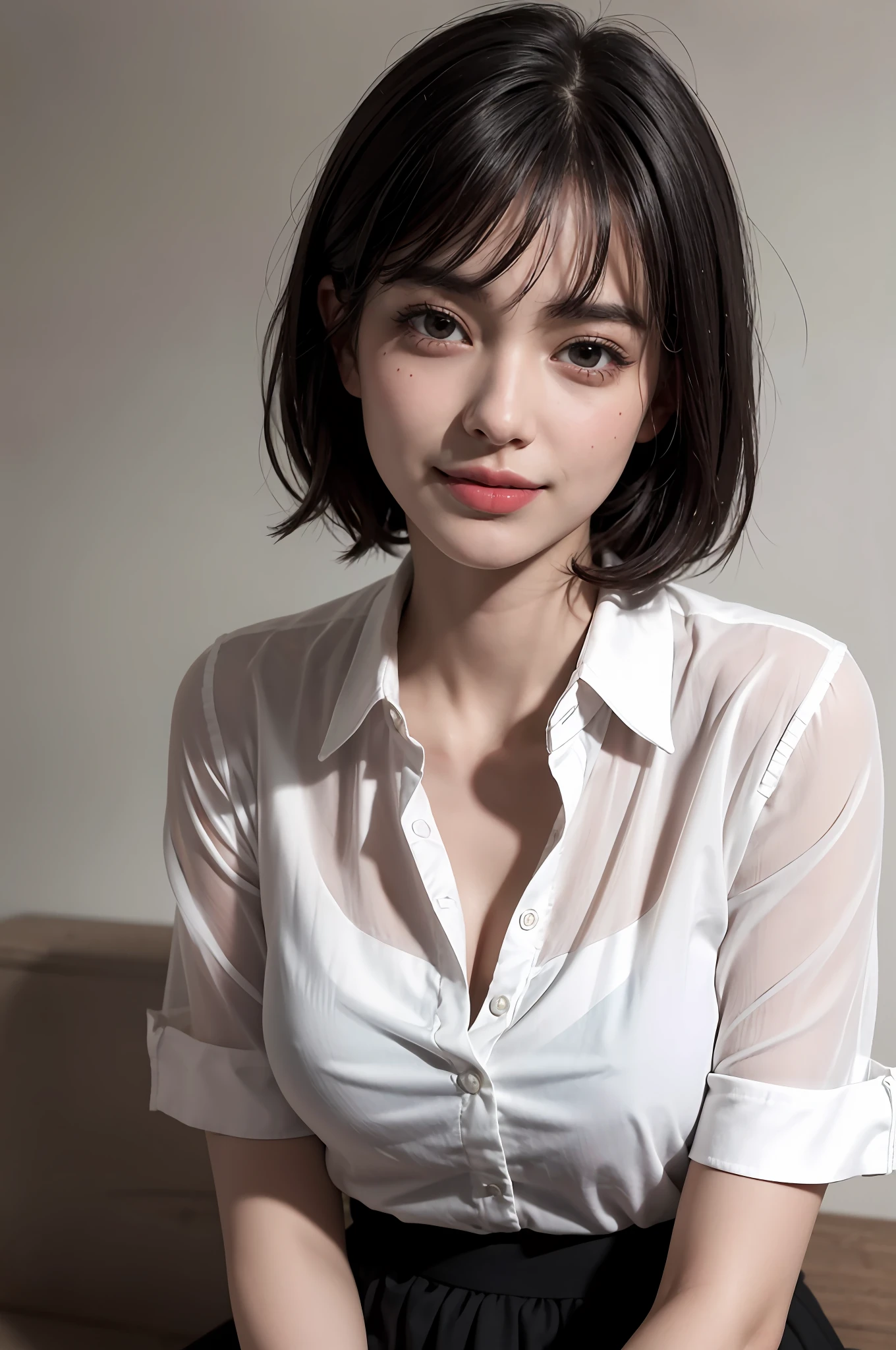 (8k, top quality, masterpiece: 1.2), (realistic, photorealistic: 1.37), super detailed, girl single, cute, solo, sitting, dating, (blush), (smile: 1.15), (closed mouth), big breasts, gaze staring at camera, breast staring at camera, fine beautiful eyes, large round eyes, clear double eyelids, eyelashes, (shirt with collar: 1.1), wet, office clothesNovaFrogStyle, white lace, (short hair: 1.2), floating hairNovaFrogStyle, topless, bangs, long neck, happy smile, mouth closed, pretty face, realistic skin tone, realistic texture, unbutton, light pink lip, really nothing background, really pure white background, 18 years old, high school student, no shadows on face