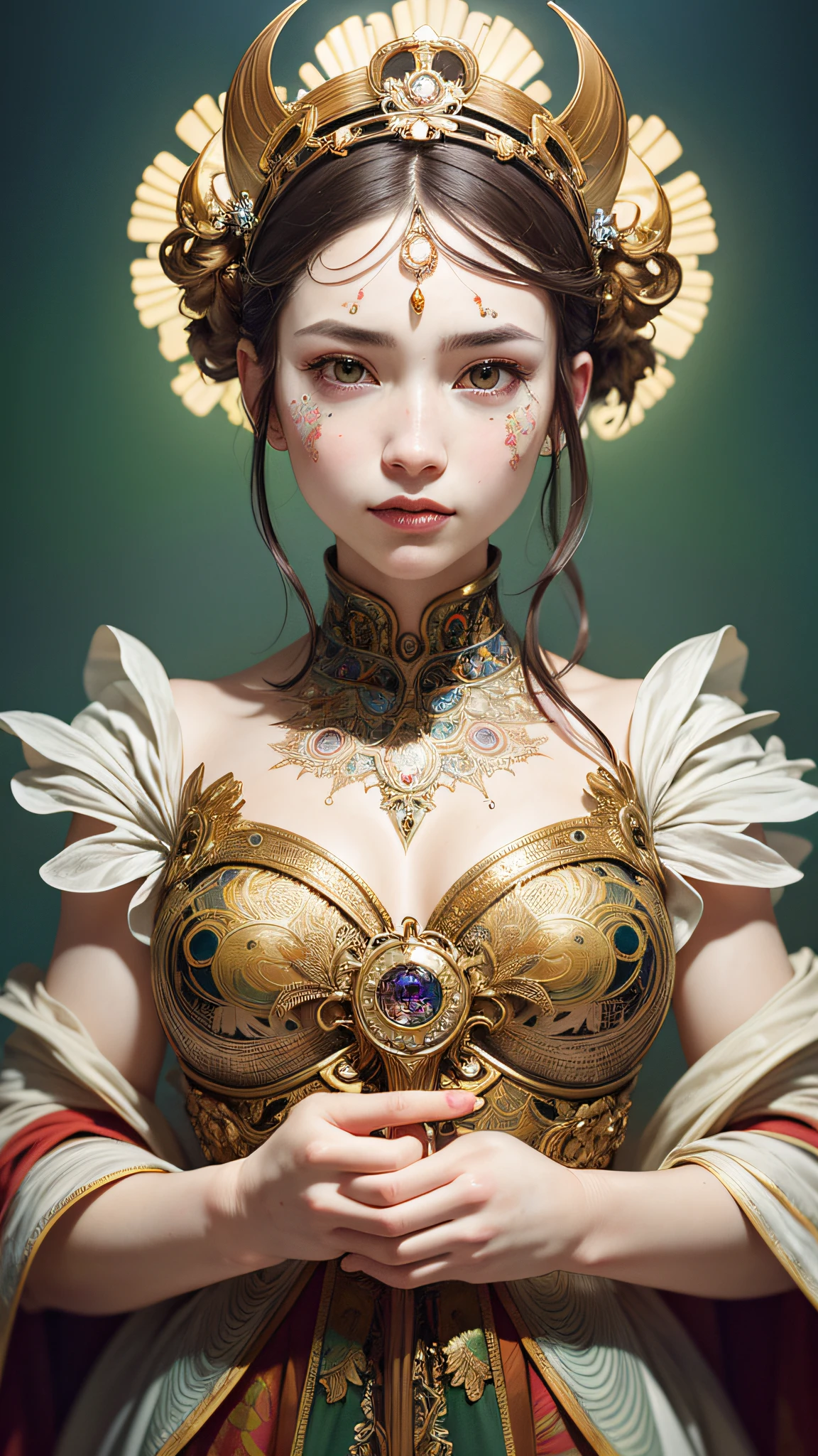 Portraits of the most beautiful chaotic forms, elegance, Fauvist design, bright colors, romanticism, by James Jean, Roby Dwi Antono, Ross Tran, Francis Bacon, Michal Mraz, Adrian Ghenie, Petra Cortright, Gerhard Richter, Takato, Yamamoto, Ashley Wood, Atmosphere, Trends on ArtStation. 8K masterpiece. (Alphonse Mucha Style:1.2), 3D Render, CGI, Symetrical, Octane Render, 35mm, Bokeh, 9:16, (Intricate Details:1.12), HDR, (Intricate Details, Hyperdetailed:1.15), (Natural Skin Texture, Hyperrealism, Soft Light, Sharp:1.5), rimlight, low, glowing, crystal crown, thigh