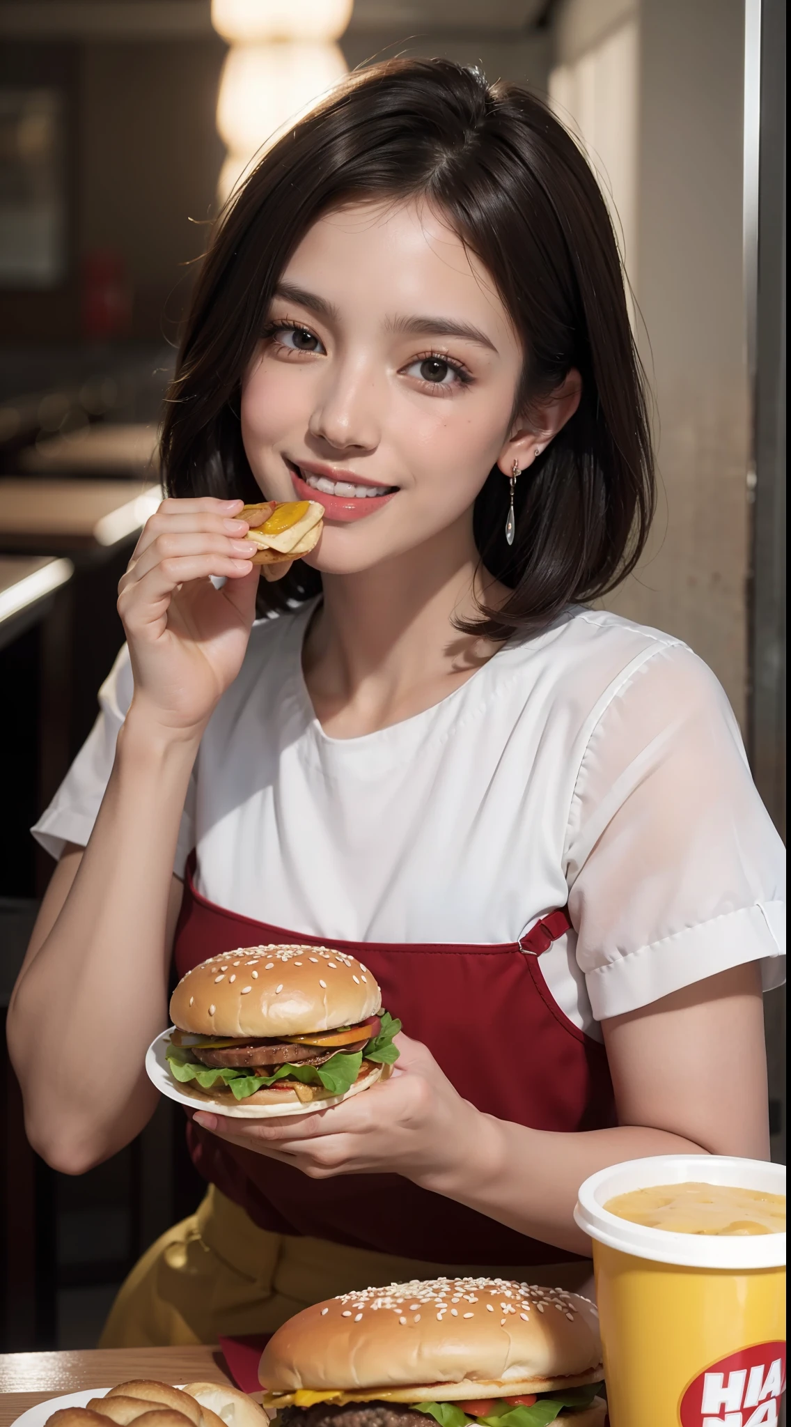 masterpiece, top quality, raw photo, photorealistic, big, face light, shiny skin, high resolution, super detail, detail, detailed eyes and face, sharp pupils, smile, sharp focus, shiny skin, brown hair, short hair, earrings, fast food, eating hamburger