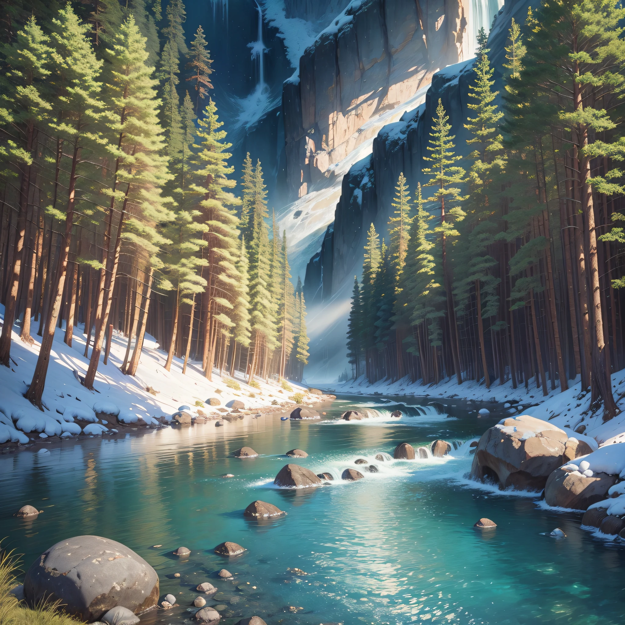(Realistic CG, masterpiece) mountains, starry sky, babbling rivers, mist in the forest, shaped rocks, flowing rivers and fresh air --auto --s2