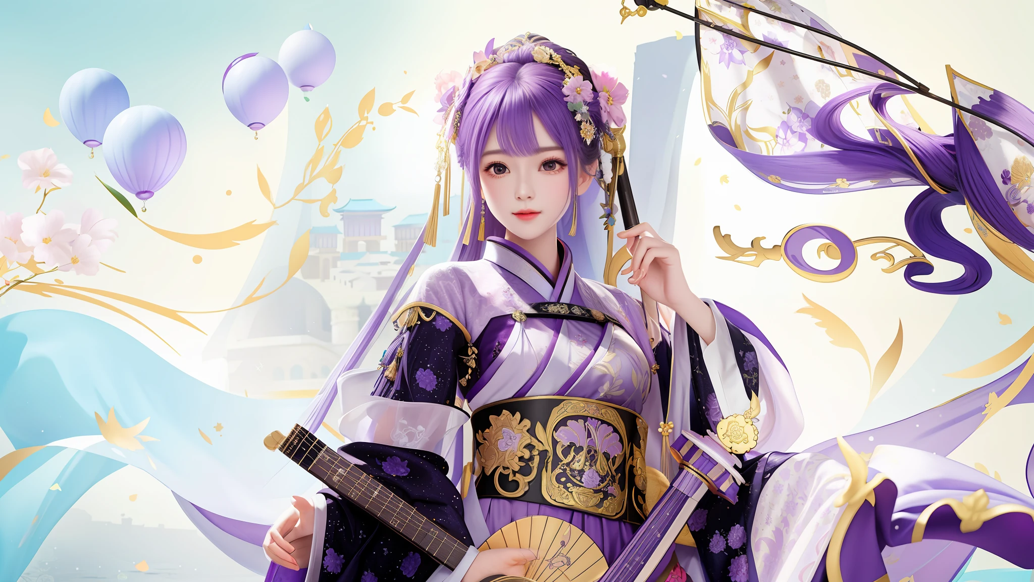There is a woman with a guitar in a purple dress, playing the pipa, the palace, the girl in Hanfu, holding the pipa, Guvitz, Guvitz style artwork, dreamy and detailed,