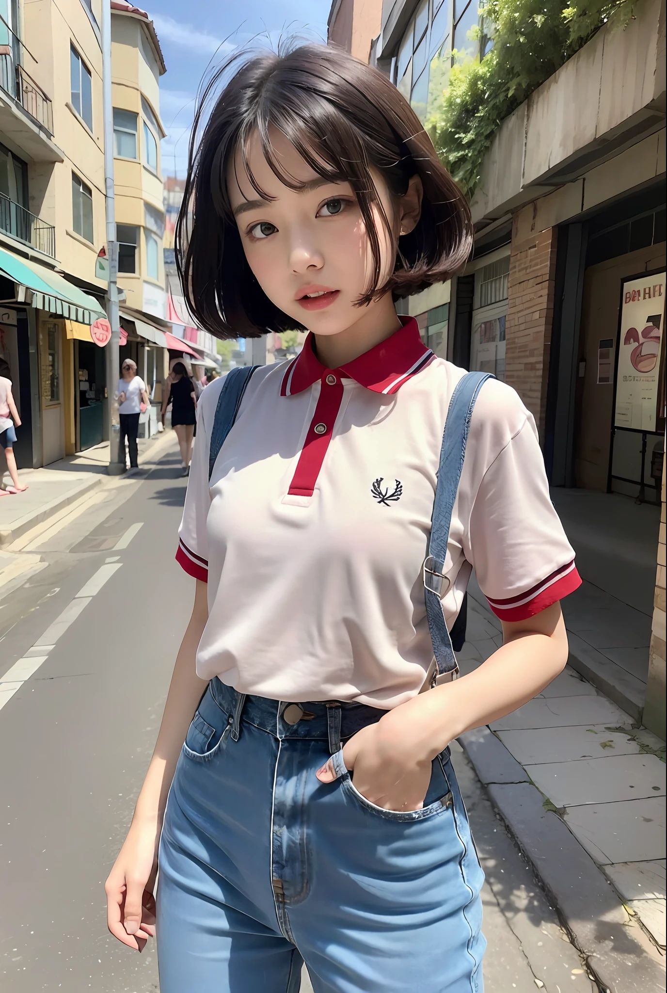 The scenery is a street lined with clothes stores. Meanwhile, a young girl is standing. She wears a red Fred Perry polo shirt. Wearing denim pants. A suspender string is hanging from the waist. Wearing black boots. Her hair is in a short bob cut and flutters in the wind. The girl is looking around with a curious expression and seems to be preparing for a new adventure. With details that are exquisitely reproduced down to the smallest detail, please express her expression and even the texture of the fabric of the clothes. In the highest quality, draw a full-length picture of her as a fashionable, fashion snap model.