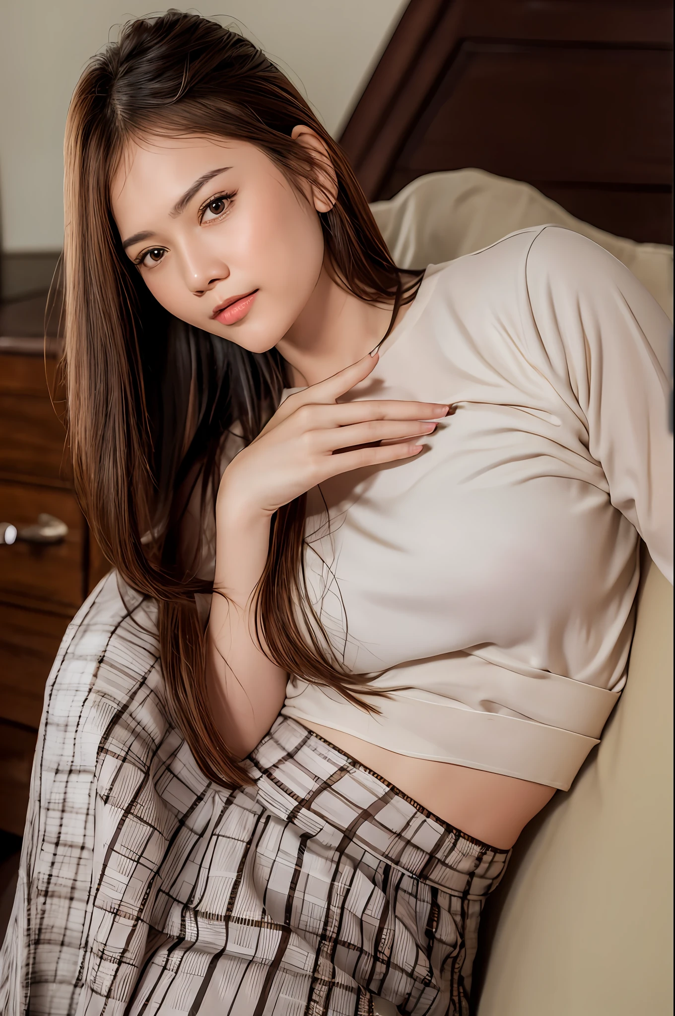 (8k, RAW photo, best quality, masterpiece:1.2), (realistic, photo-realistic:1.37),  chikajkt48, ((pureerosface_v1:0.4)),1girl, brown_eyes, brown_hair, closed_mouth, lips, long_hair, looking_at_viewer, realistic, smile, solo