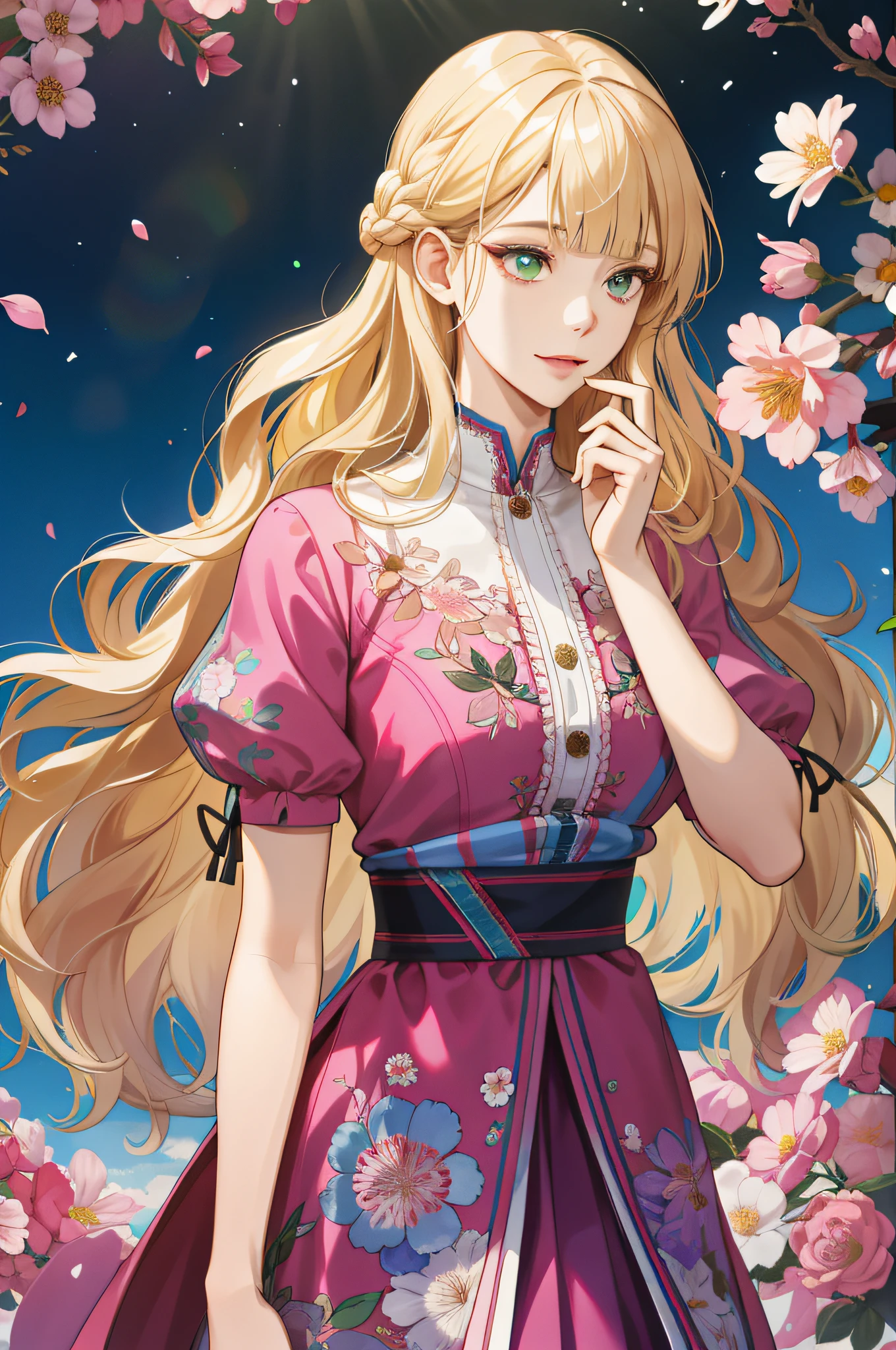 (absurdres, highres, ultra detailed), 1girl, mature female, wavy blonde hair, long hair, blunt bangs, green eyes, pink dress, finely detailed eyes and detailed face, extremely detailed CG unity 8k wallpaper, intricate details, BREAK , kaleidoscopic imagery, symmetrical patterns, vibrant colors, geometric shapes, mesmerizing designs, optical illusions, dynamic composition BREAK , pantomime art, expressive body language, silent storytelling, evocative gestures, visual narratives, theatrical performances BREAK , blooming flowers, colorful petals, fragrant scents, nature's bounty, vibrant gardens, peaceful scenery