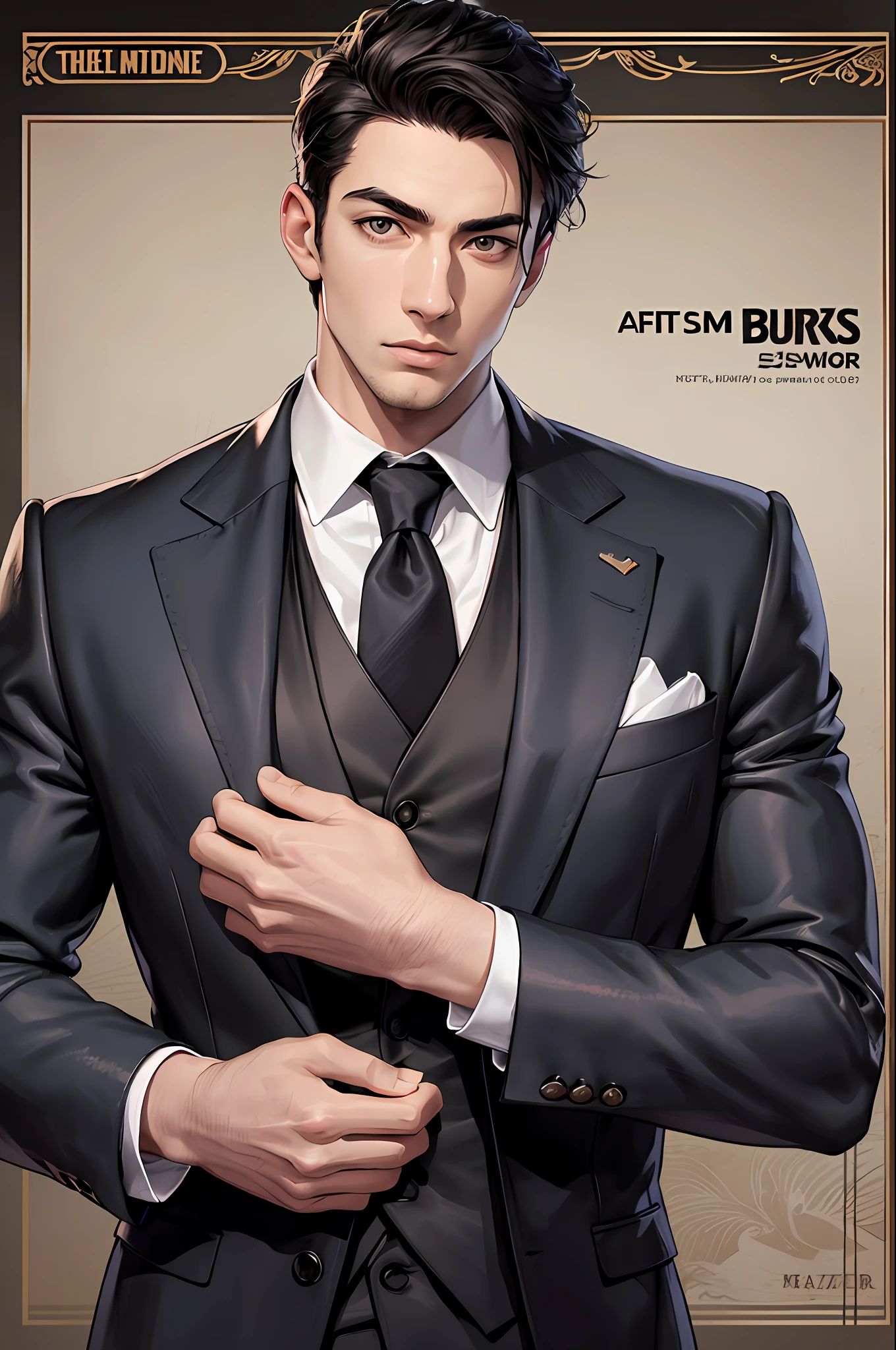 realistic, (absurd, extremely detailed), 1boy, very young, tall and muscular, broad shoulders, handsome, black hair, brown eyes, thick neck, eyebrows, night, darkness , formal suit, tie, upper body, magazine:1.3), (cover style:1.3), fashion, front, backdrop, elements, confidence, expression, holding, statement , accessory, epic, scroll, surround, touch, scene, text, cover, draw attention, title, style, font, catchy, header, bigger, stand out, modern , trendy, fashionable