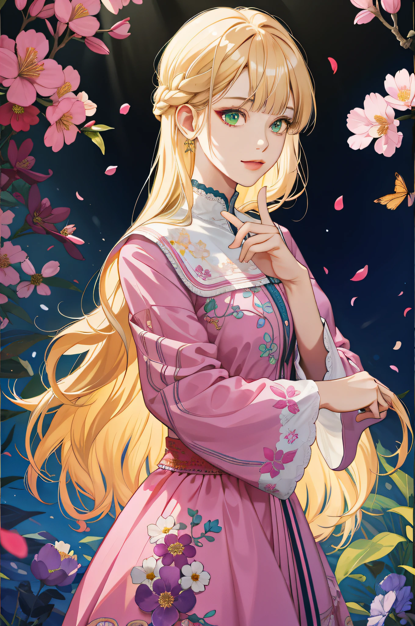 (absurdres, highres, ultra detailed), 1girl, mature female, wavy blonde hair, long hair, blunt bangs, green eyes, pink dress, finely detailed eyes and detailed face, extremely detailed CG unity 8k wallpaper, intricate details, BREAK , kaleidoscopic imagery, symmetrical patterns, vibrant colors, geometric shapes, mesmerizing designs, optical illusions, dynamic composition BREAK , pantomime art, expressive body language, silent storytelling, evocative gestures, visual narratives, theatrical performances BREAK , blooming flowers, colorful petals, fragrant scents, nature's bounty, vibrant gardens, peaceful scenery