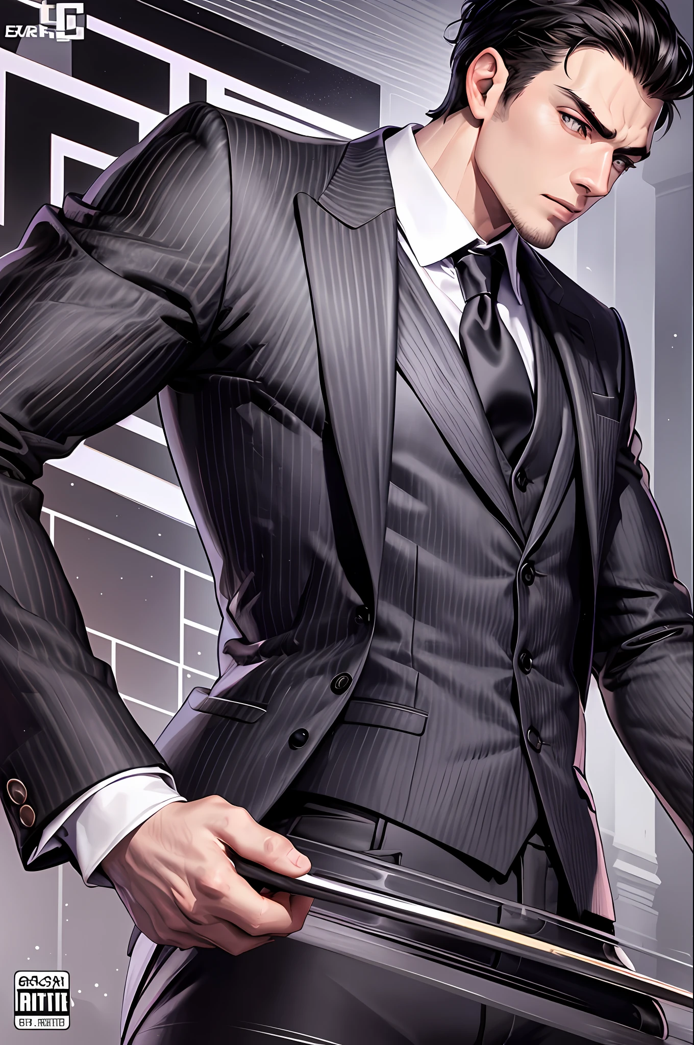 realistic, (absurd, extremely detailed), 1boy, tall and muscular, broad shoulders, handsome, black hair, brown eyes, thick neck, eyebrows, night, darkness , formal suit, tie, upper body, magazine:1.3), (cover style:1.3), fashion, front, backdrop, elements, confidence, expression, holding, statement , accessory, epic, scroll, surround, touch, scene, text, cover, draw attention, title, style, font, catchy, header, bigger, stand out, modern , trendy, fashionable