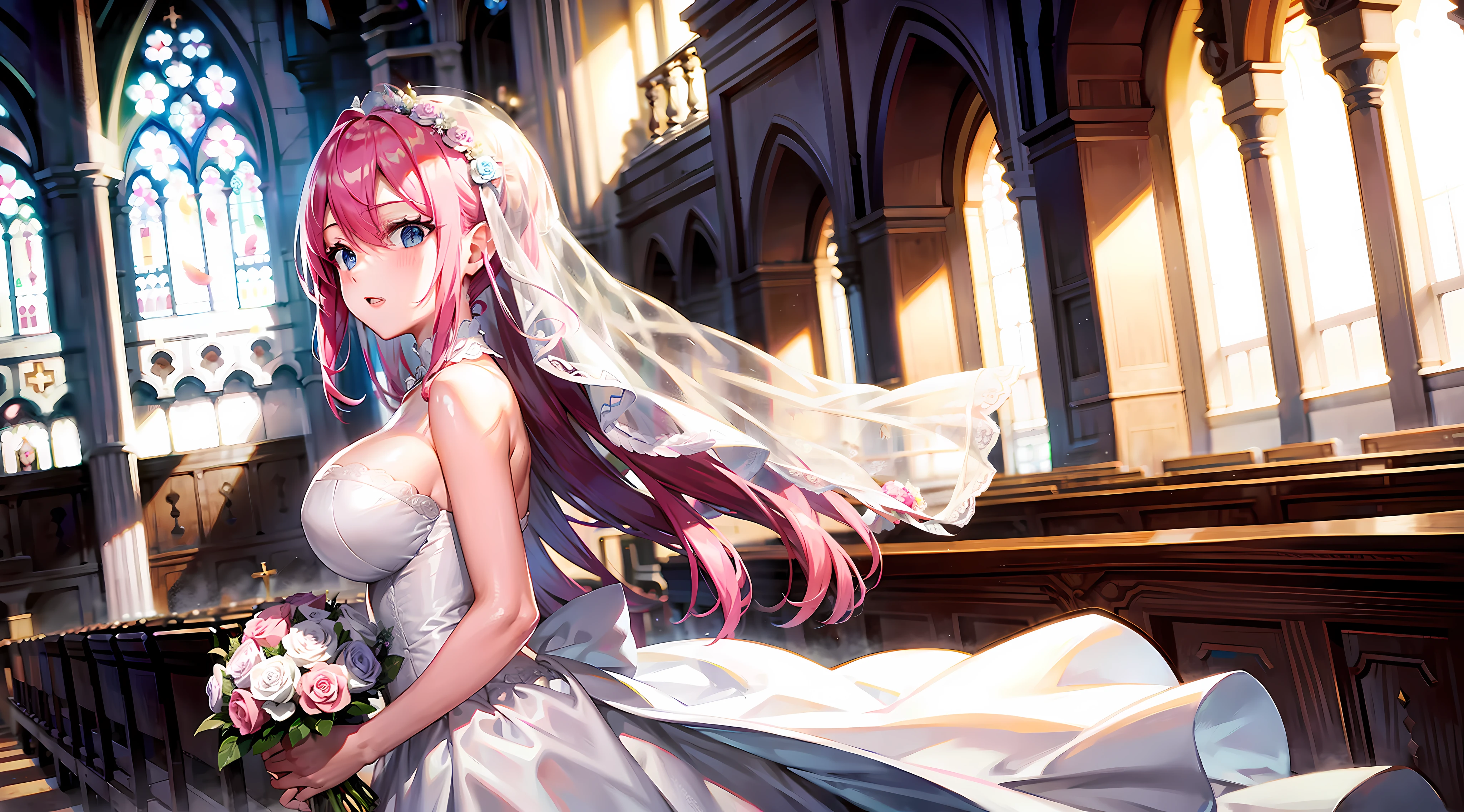 Wedding dress, big breasts, in church, bouquet of flowers in both hands, feathers falling, (upper body), blue eyes, pink hair