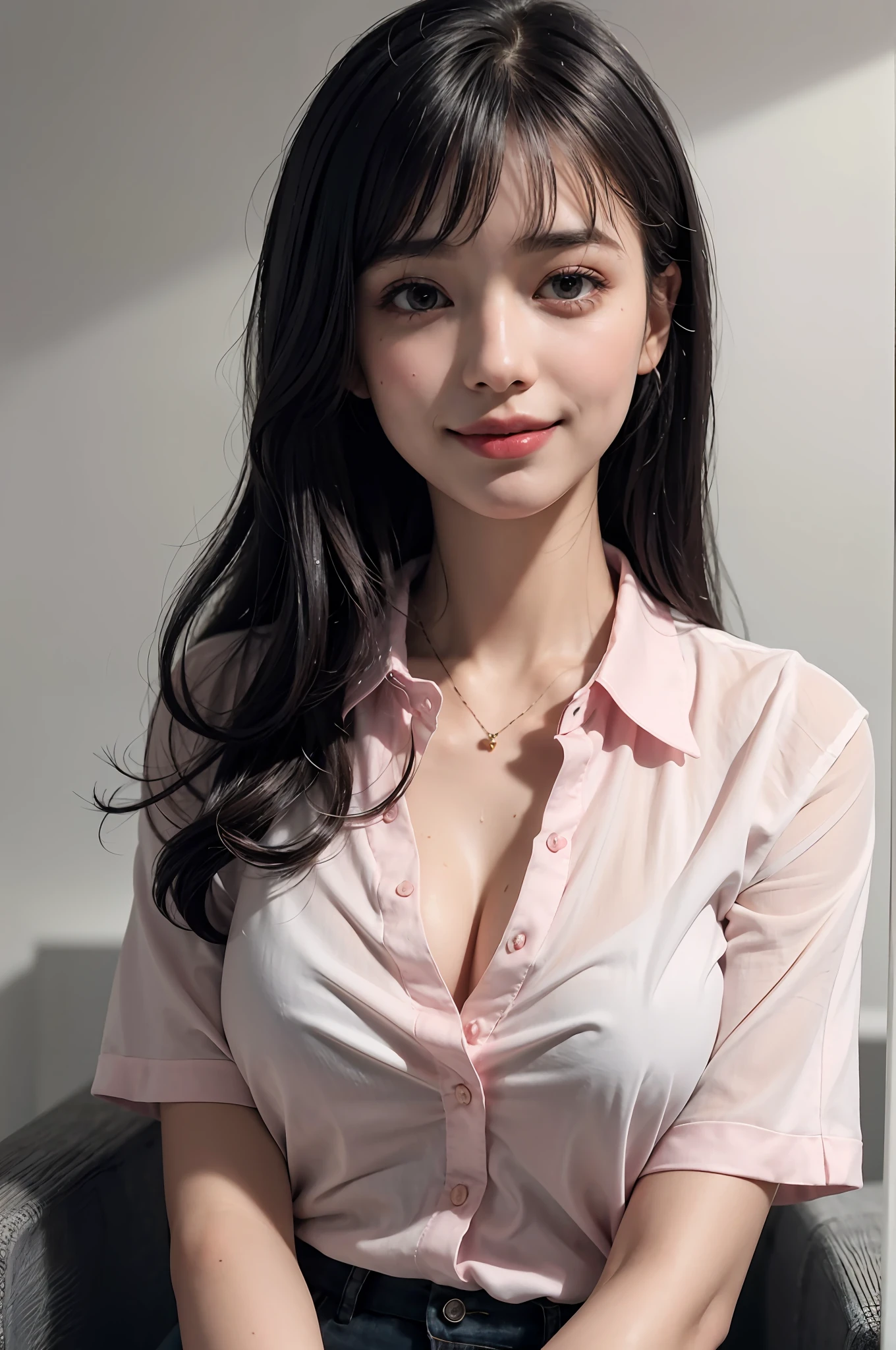 (8k, top quality, masterpiece: 1.2), (realistic, photorealistic: 1.37), super detailed, girl single, cute, solo, sitting, dating, (blush), (smile: 1.15), (closed mouth), big breasts, gaze staring at camera, breast staring at camera, fine beautiful eyes, large round eyes, clear double eyelids, eyelashes, (shirt with collar: 1.1), wet, office clothesNovaFrogStyle, Topless, Bangs, Long neck, Happy smile, Beautiful face, Realistic skin type, Realistic texture, Unbutton, Light pink lip, Really nothing background, Really pure white background, 18 years old, High school student, No shadows on face