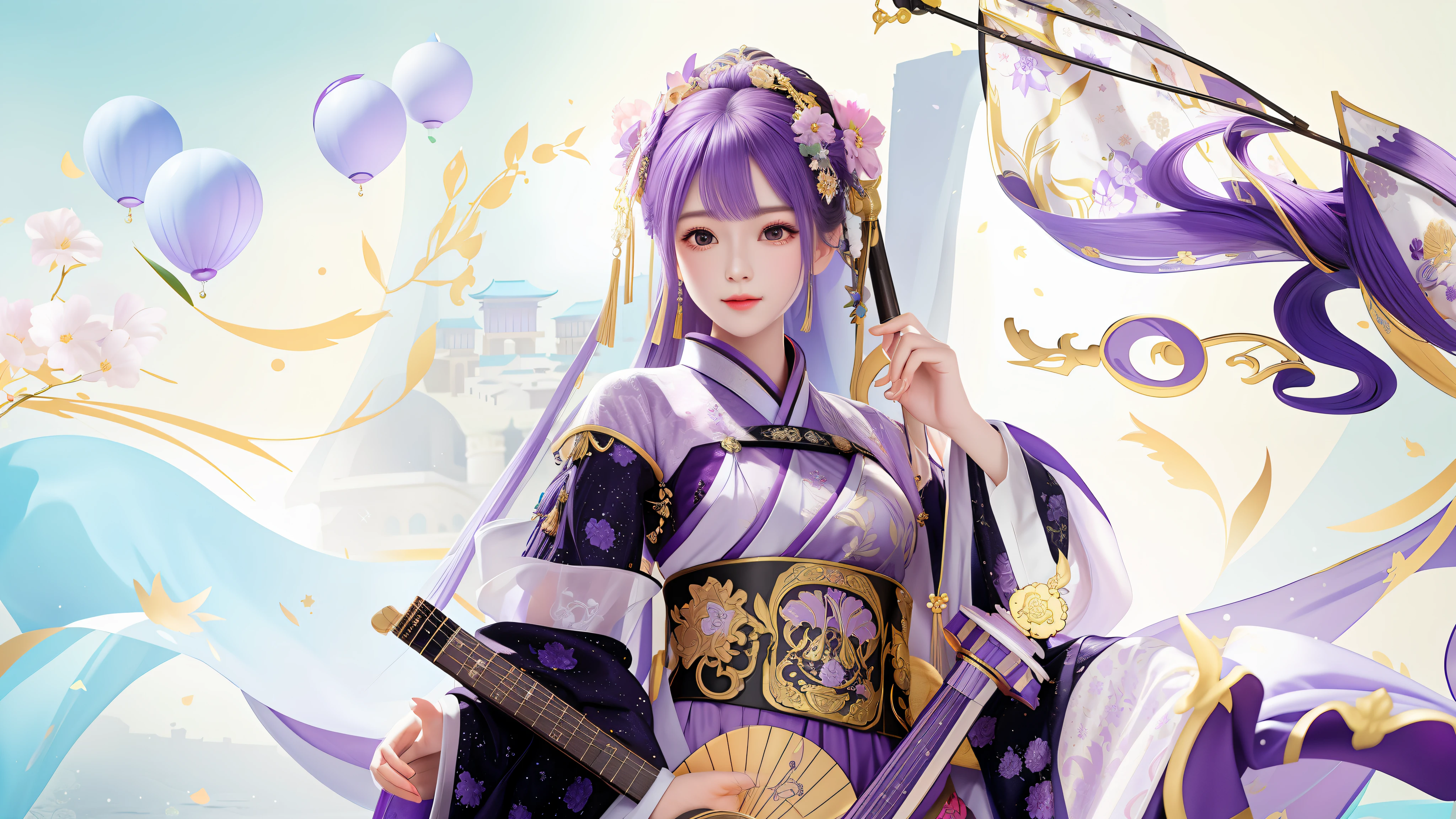 There is a woman with a guitar in a purple dress, playing the pipa, the palace, the girl in Hanfu, holding the pipa, Guvitz, Guvitz style artwork, dreamy and detailed,