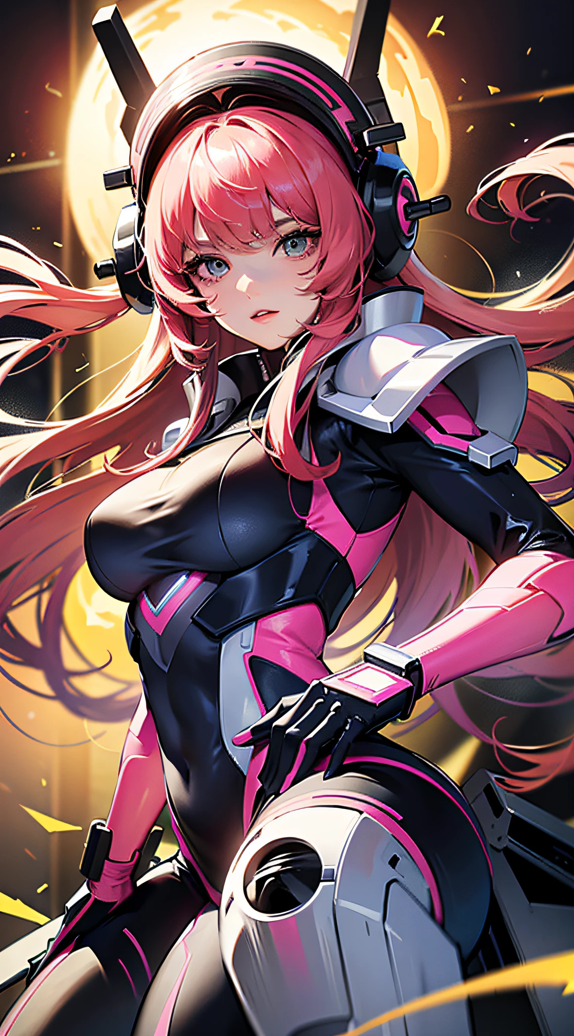 Highest image quality, outstanding details, ultra-high resolution, (realism: 1.4), the best illustration, favor details, highly condensed 1girl, with a delicate and beautiful face, dressed in a black-pink mecha, wearing a mecha helmet, holding a direction controller, riding on a motorcycle, the background is a high-tech lighting scene of the future city.