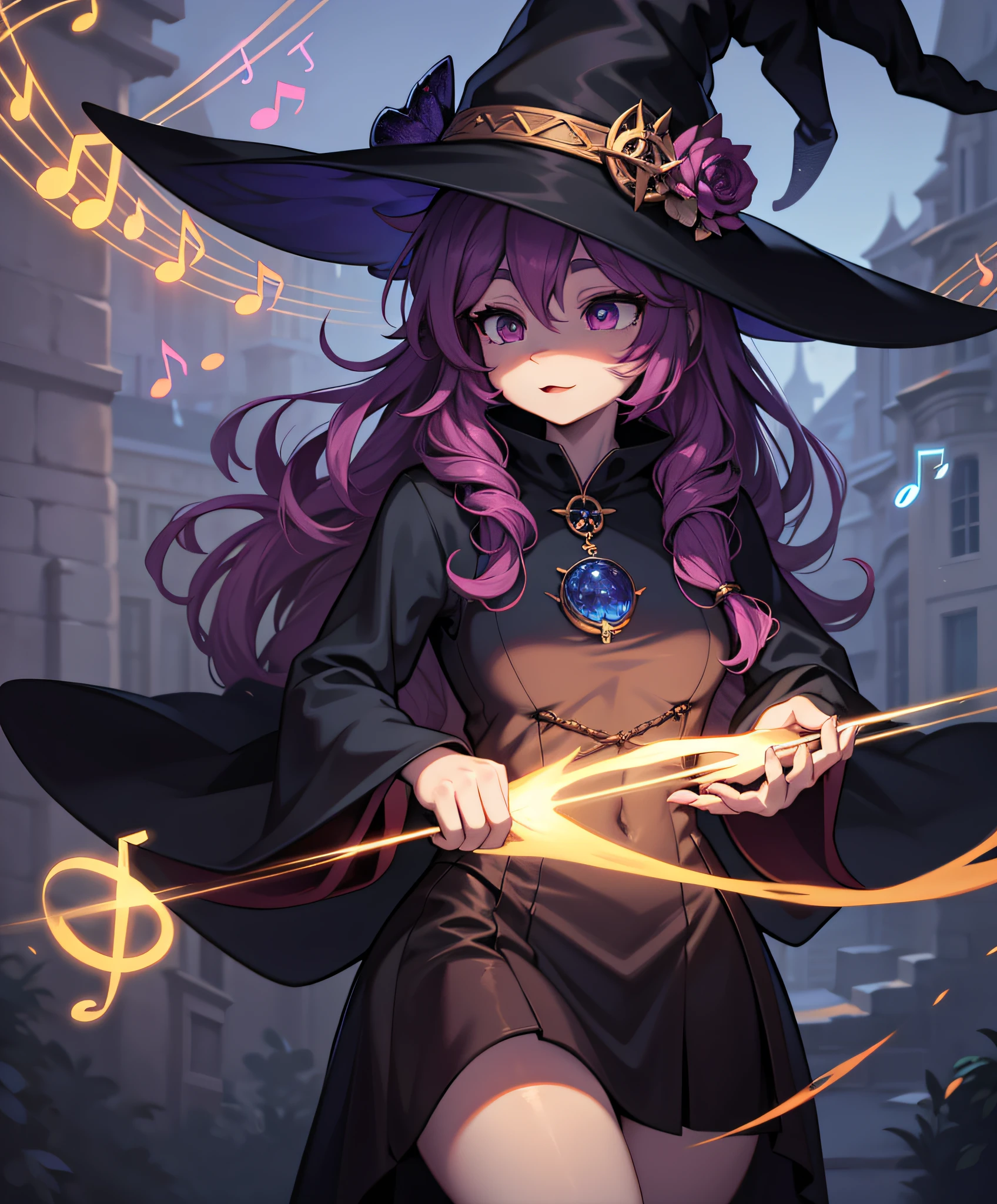 furry Witch, Celeste colors, witch hat, witch outfit, background is music notes, masterpiece, best quality