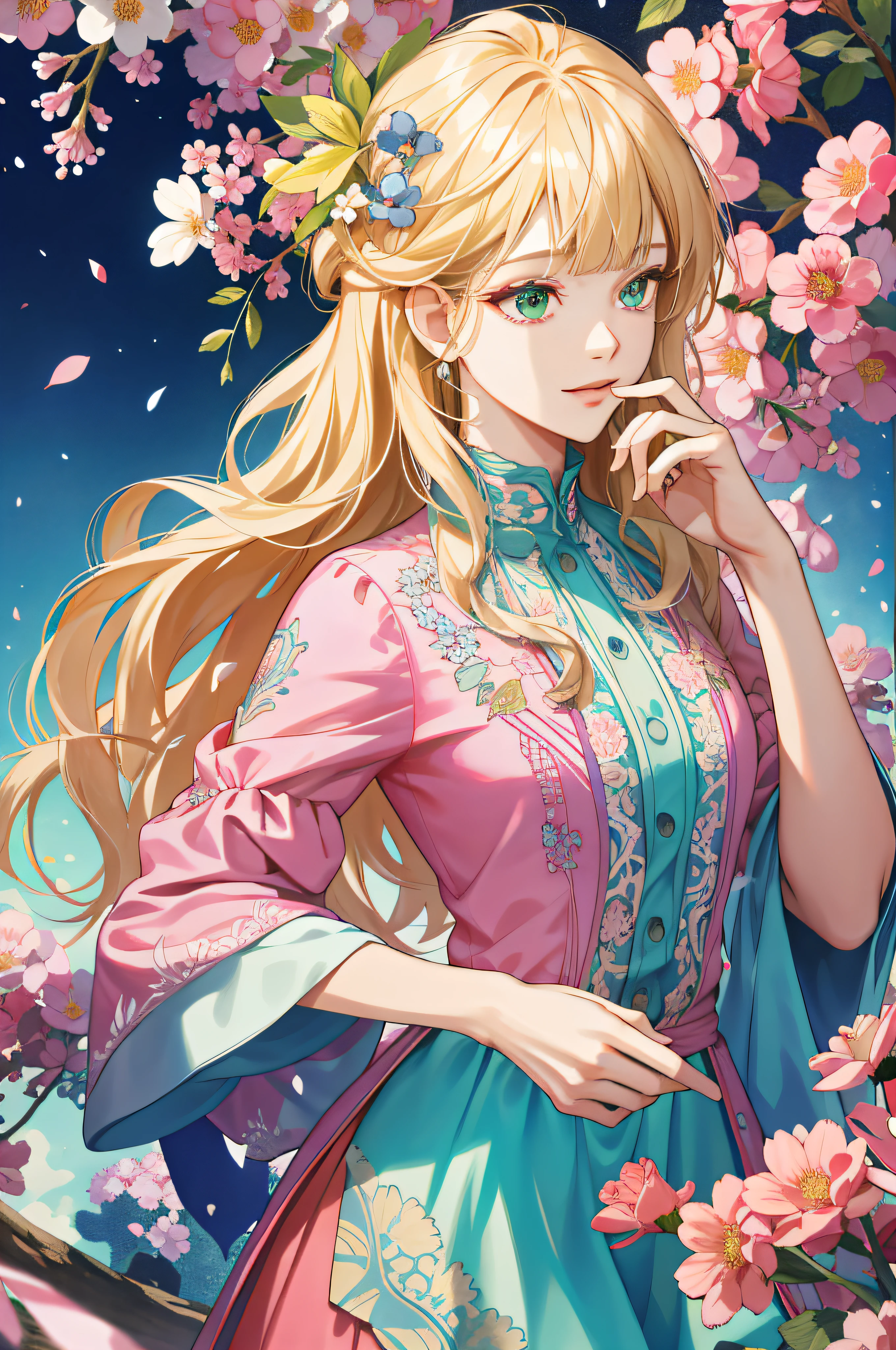 (absurdres, highres, ultra detailed), 1girl, mature female, wavy blonde hair, long hair, blunt bangs, green eyes, pink dress, finely detailed eyes and detailed face, extremely detailed CG unity 8k wallpaper, intricate details, BREAK , kaleidoscopic imagery, symmetrical patterns, vibrant colors, geometric shapes, mesmerizing designs, optical illusions, dynamic composition BREAK , pantomime art, expressive body language, silent storytelling, evocative gestures, visual narratives, theatrical performances BREAK , blooming flowers, colorful petals, fragrant scents, nature's bounty, vibrant gardens, peaceful scenery