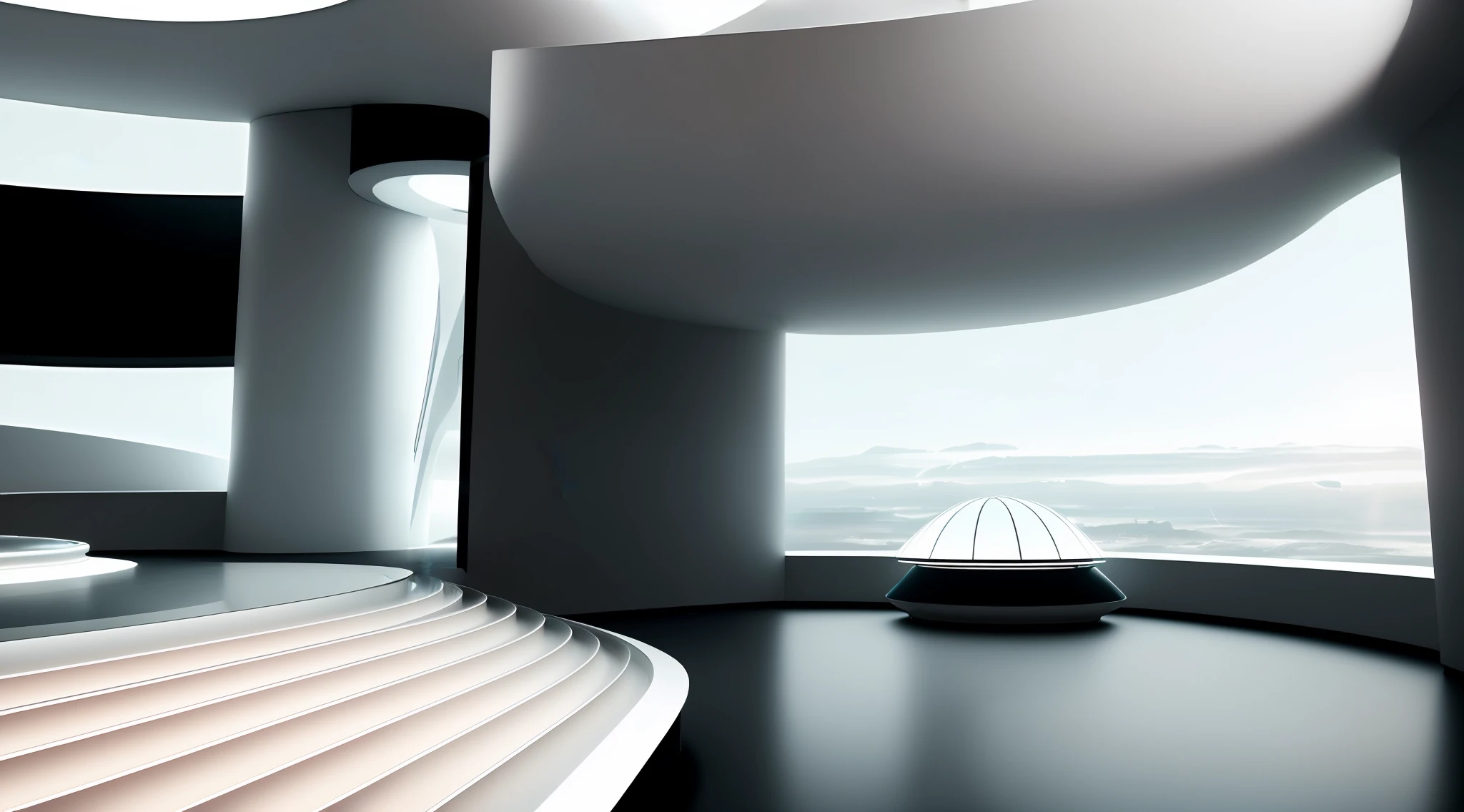 Building interior space, Alafd view of white room with stairs and large screen, curved screen, ((white)), (ultra-wide angle), futuristic architecture with futuristic design and futuristic interior, futuristic spaceport, futuristic hall, futuristic government service hall, futuristic architectural concept, futuristic setting, futuristic decoration, futuristic utopian architecture, futuristic architectural art, futuristic production facilities, radical view, acoustic view aspects, close-up, texture, ((((Complex electronic components)), detail texture, HDR+, 8K, QHD, luminescence, dynamic lighting, aesthetic refraction, ((highlight, bright light)), the main color is ceramic white, the atmosphere is bright, both the warmth of ceramics, but also modern technology, redshift rendering, cinematic light effects