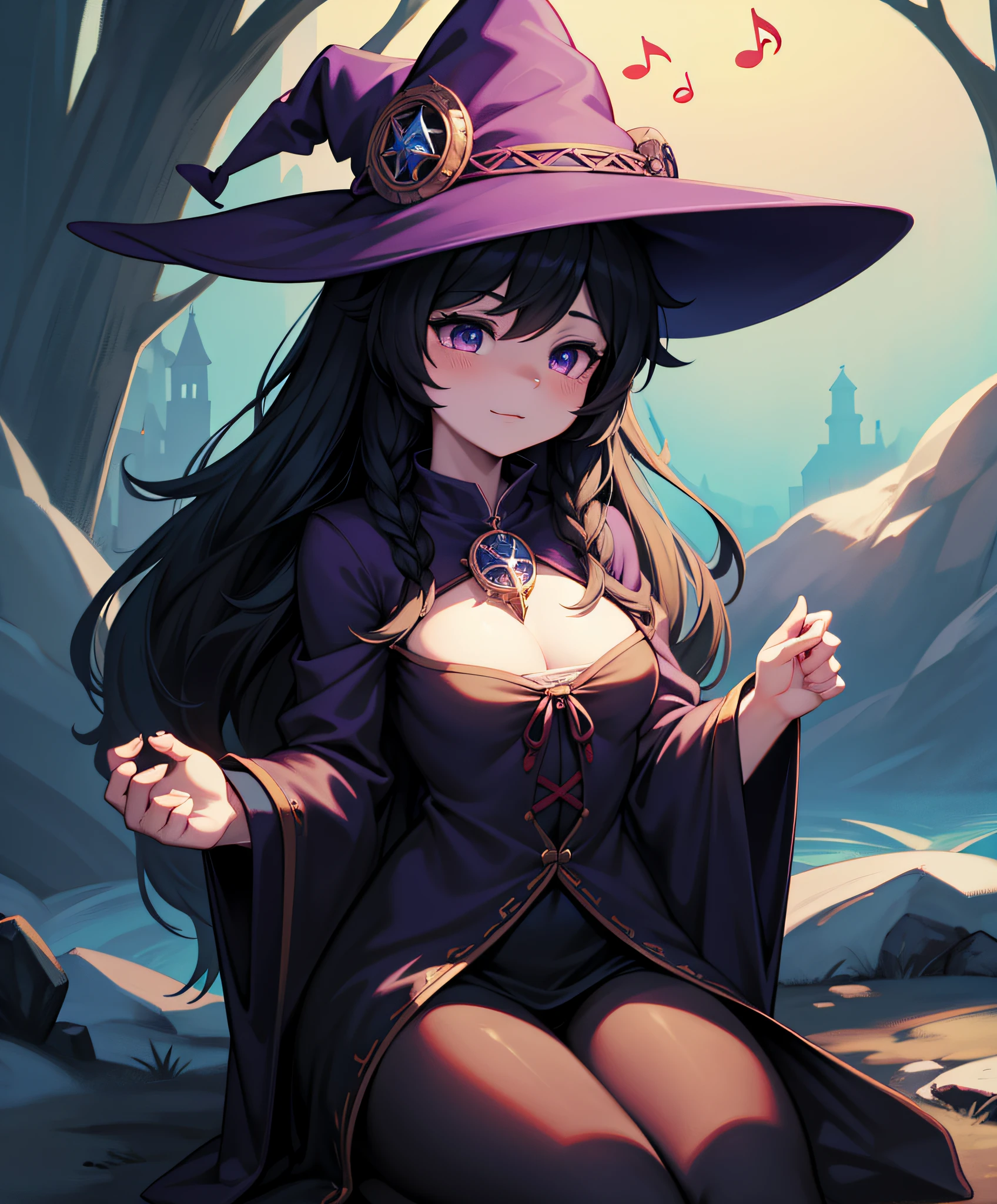 furry Witch, Celeste colors, witch hat, witch outfit, background is music notes, masterpiece, best quality