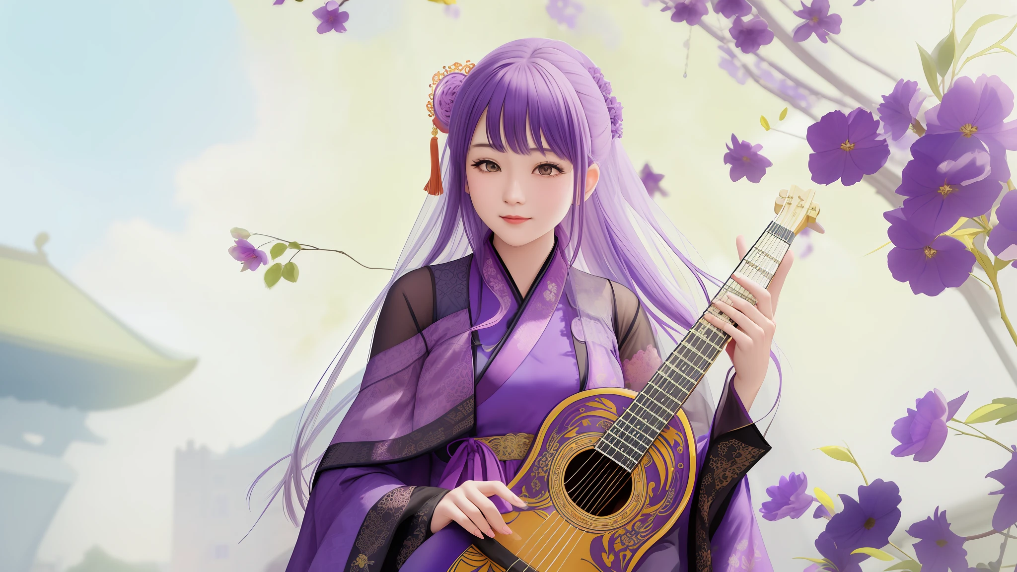 There is a woman wearing a guitar in a purple dress, playing the pipa, the palace, the girl in Hanfu, holding the lute, guwiz, guvitz style artwork, dreamy and detailed