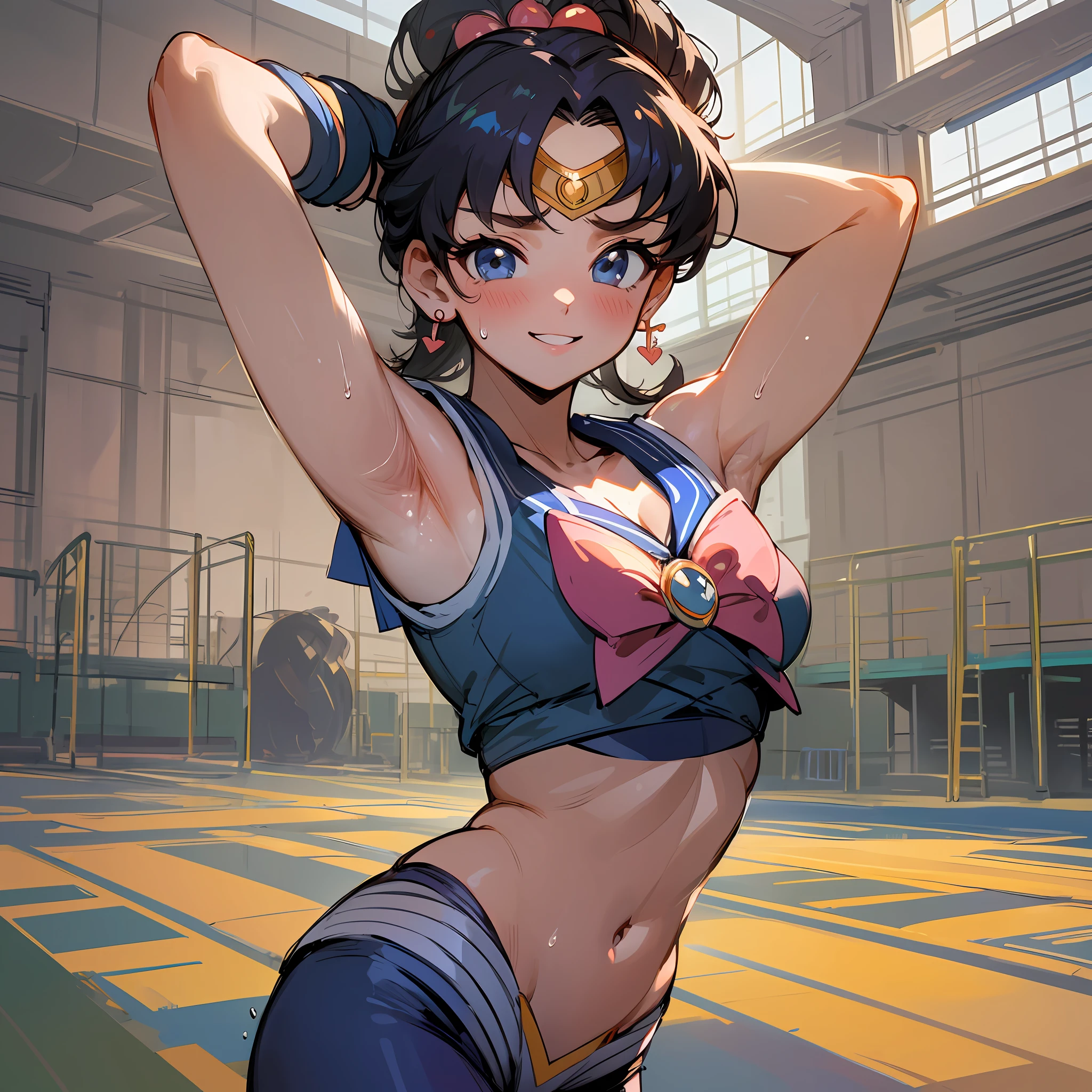 Masterpiece, Hyper Quality, Hyper Detail, Perfect Drawing, 1 Beauty, Smile, Good Light, Blush, Armpit Sweat, Bust Up, Portrait, Sporty, Active, Sportswear, Sports Bra, Leggings Pants (0.7), Playground, Toned Body, Arms Raised and Spread Wide, Armpit Hair, (Sailor Moon Action Pose: 1.3)