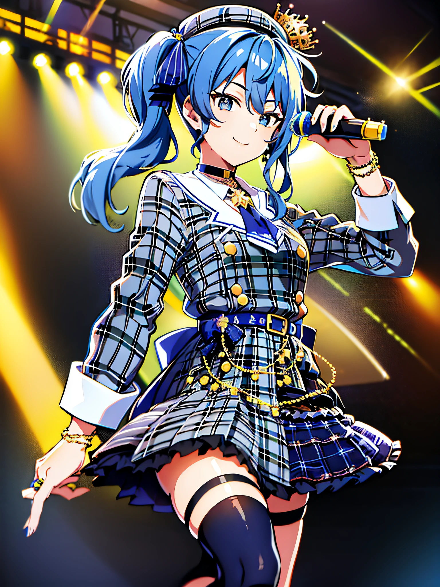 masterpiece, best quality, highres, sui1, 1girl, solo, side ponytail, hoshimachi suisei, fingerless gloves, single thighhigh, jewelry, single sock, thigh strap, bracelet, blue socks, buttons, single kneehigh, plaid dress, blue choker, blue belt, plaid skirt, mini crown, grey skirt, blue ascot, long sleeves, plaid jacket, cowboy shot, on the stage, holding microphone, smile,