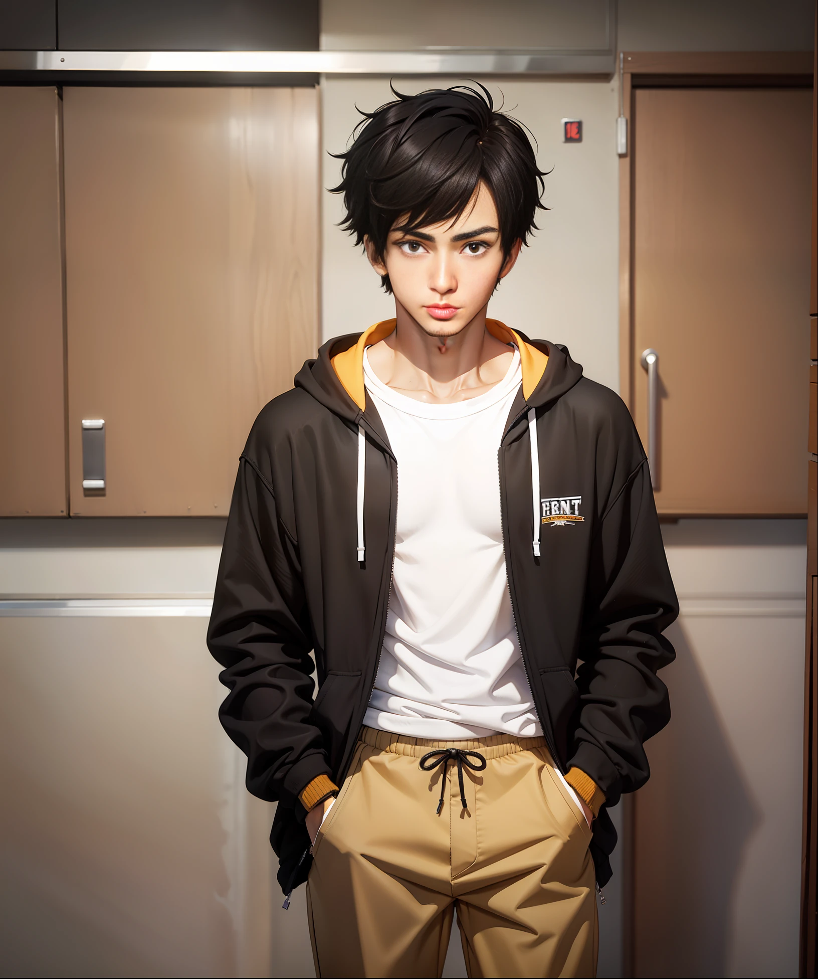 Male, short black hair and brown eyes, thin and tall, well-proportioned, looks young and energetic college student style
